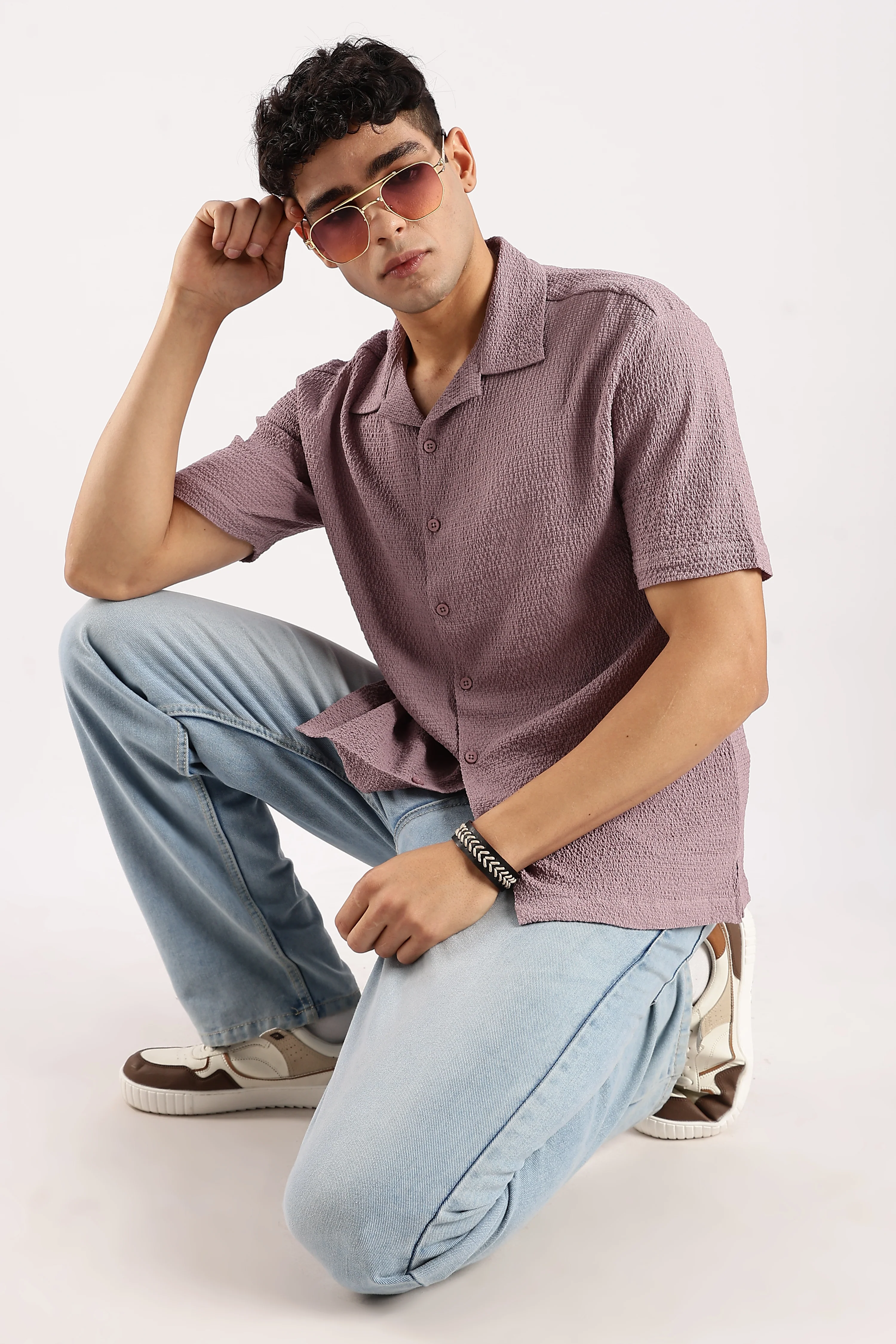 Men Lavender Poly Textured Shirt - Image 9