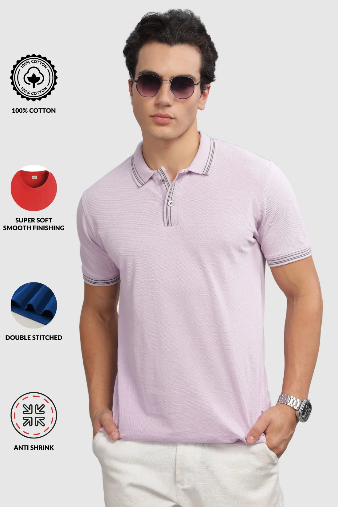 Men Lavender Regular Fit Polo T-Shirt - Image 3