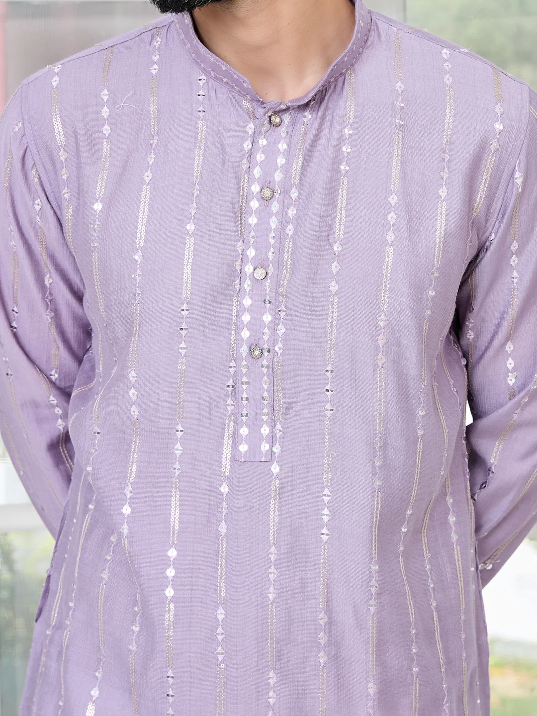 Men Lavender Sequins Embroidered Kurta - Image 2