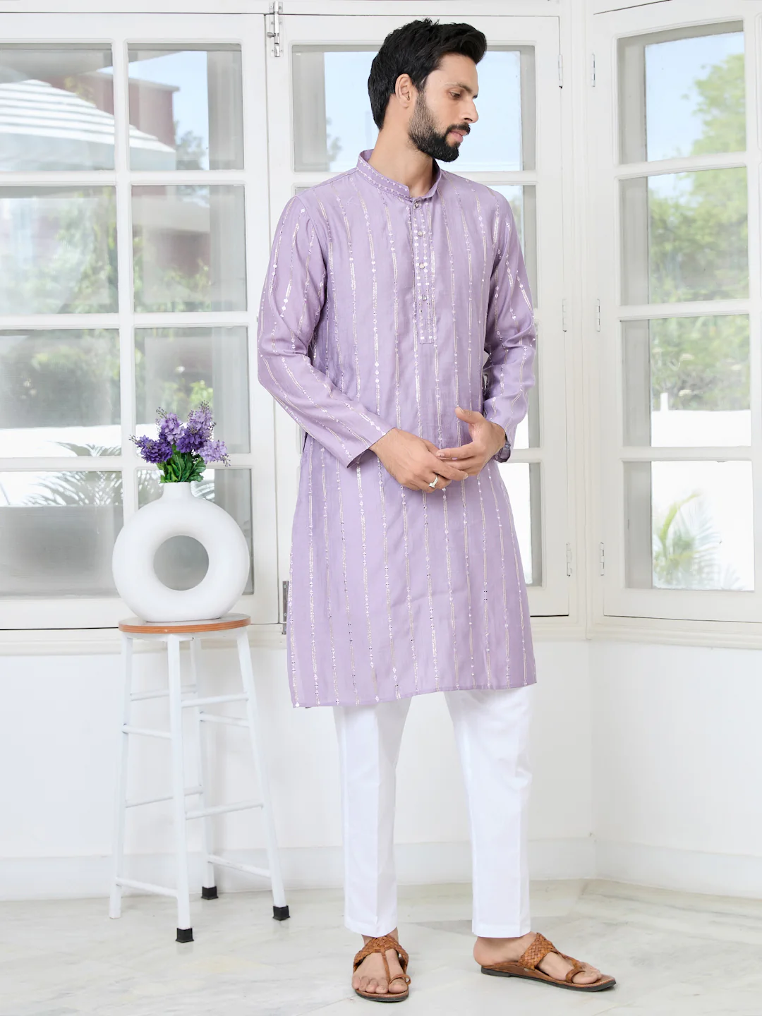 Men Lavender Sequins Embroidered Kurta - Image 3