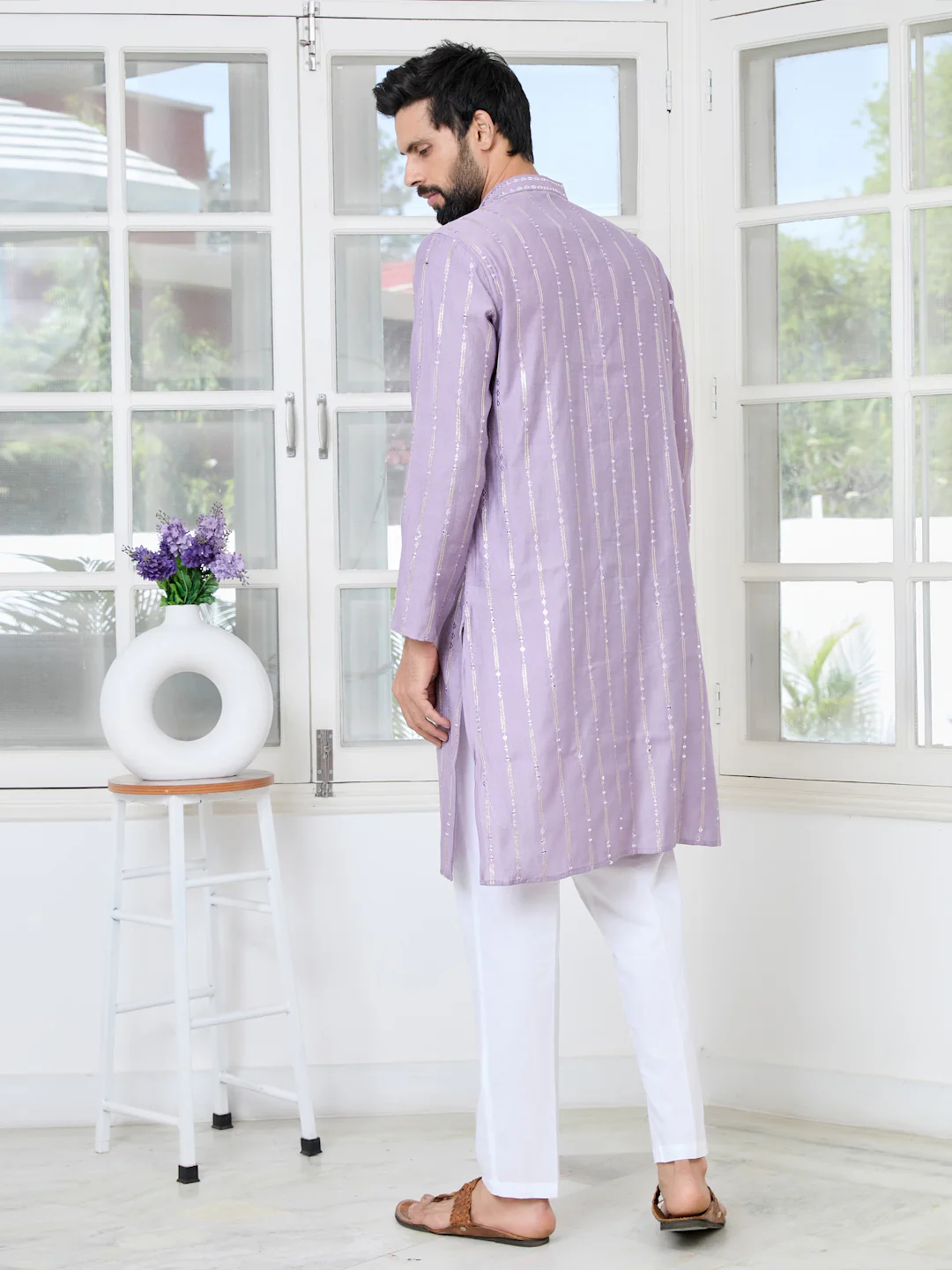 Men Lavender Sequins Embroidered Kurta - Image 4