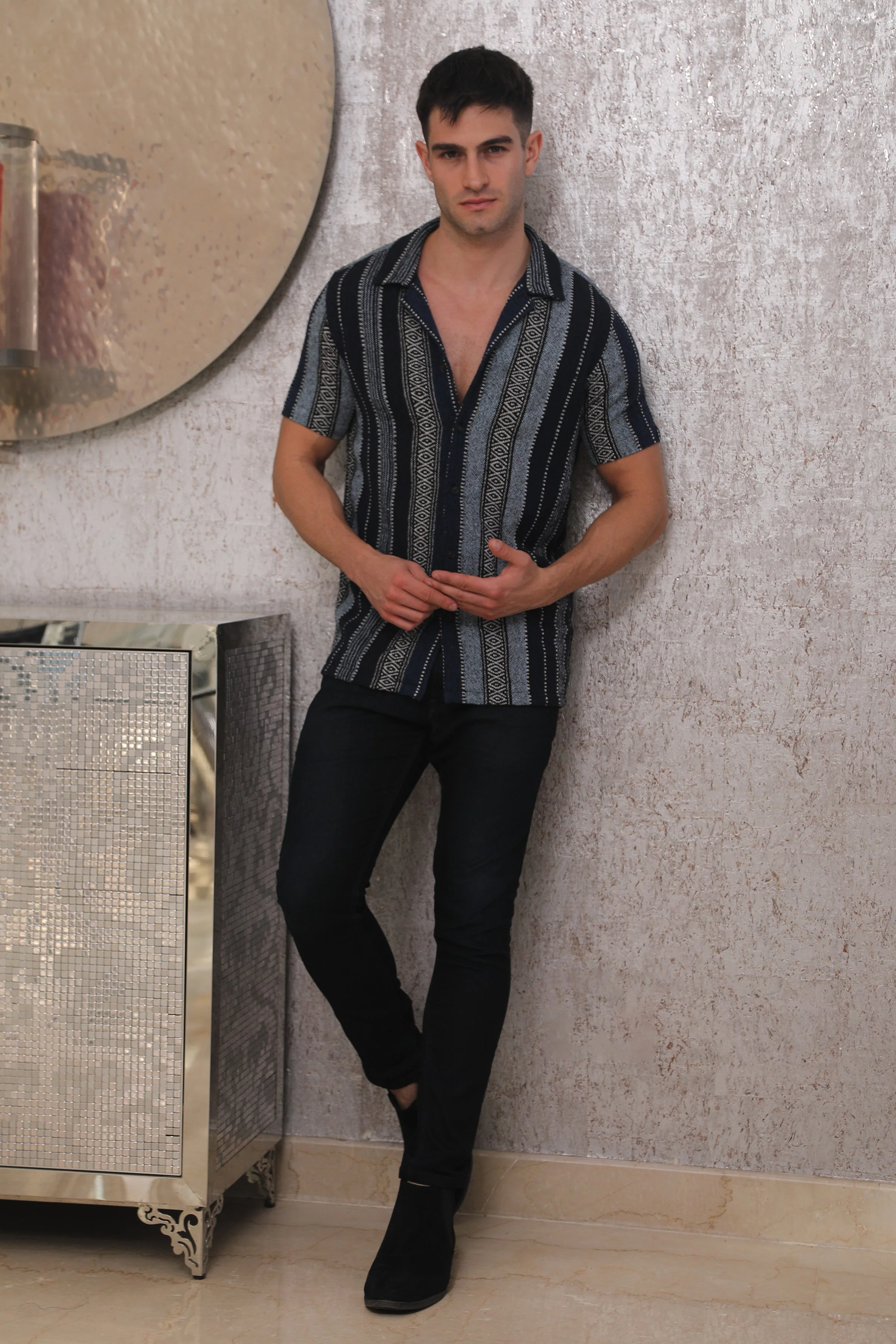 Men Laze Jacquard Striped Shirt Navy - Image 5