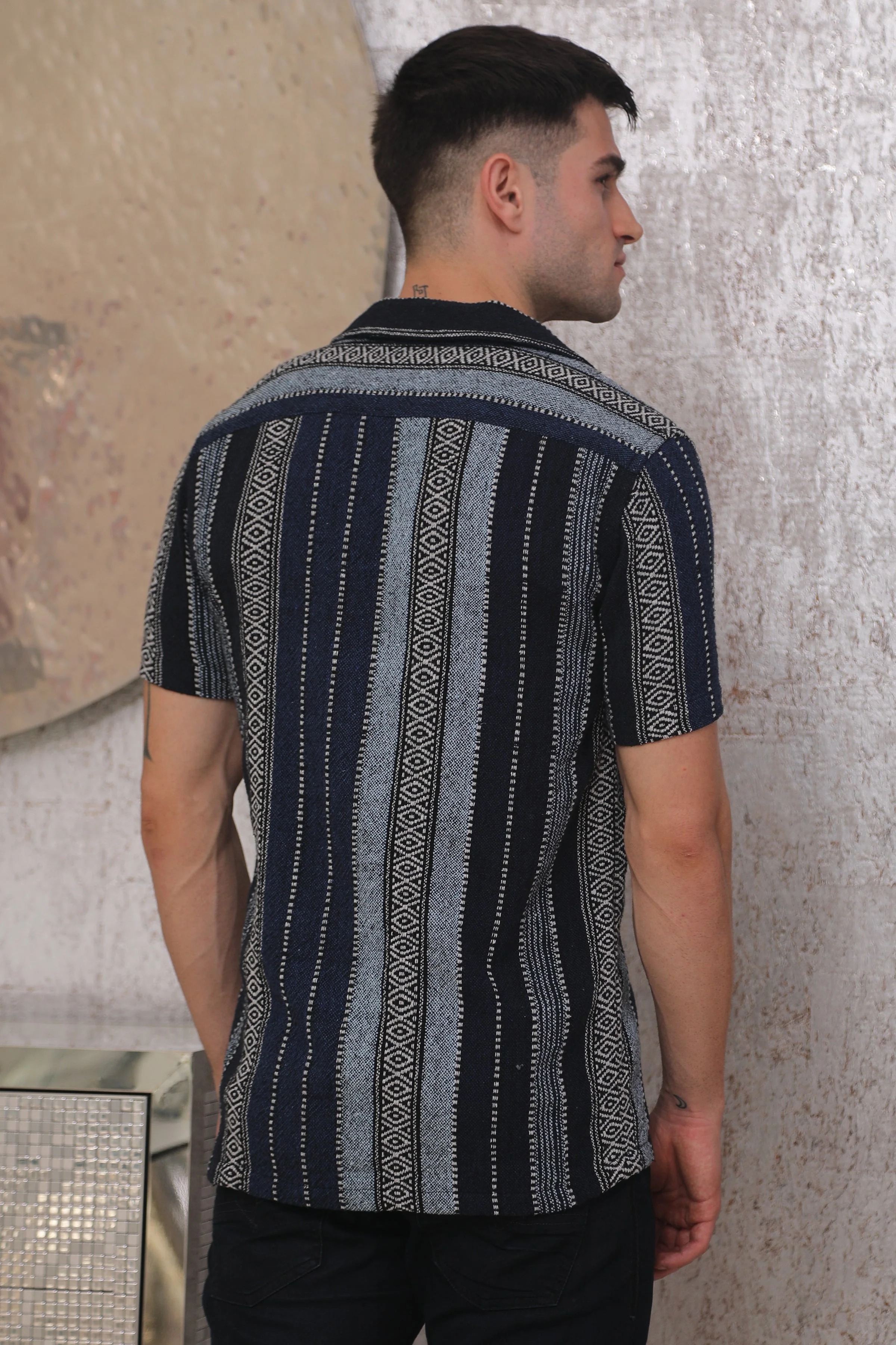 Men Laze Jacquard Striped Shirt Navy - Image 7