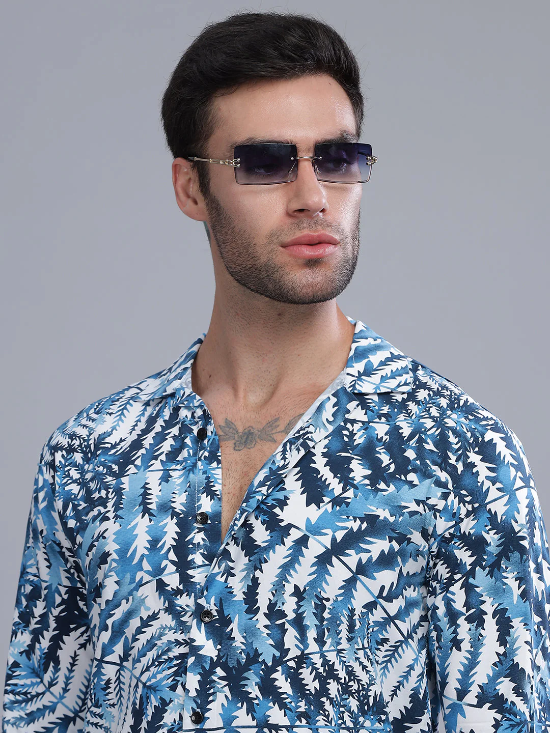 Men Leaflet Blue Rayon Shirt - Image 4