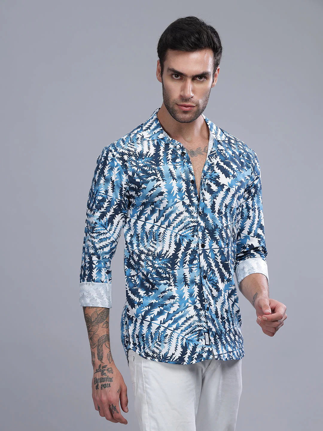 Men Leaflet Blue Rayon Shirt - Image 5