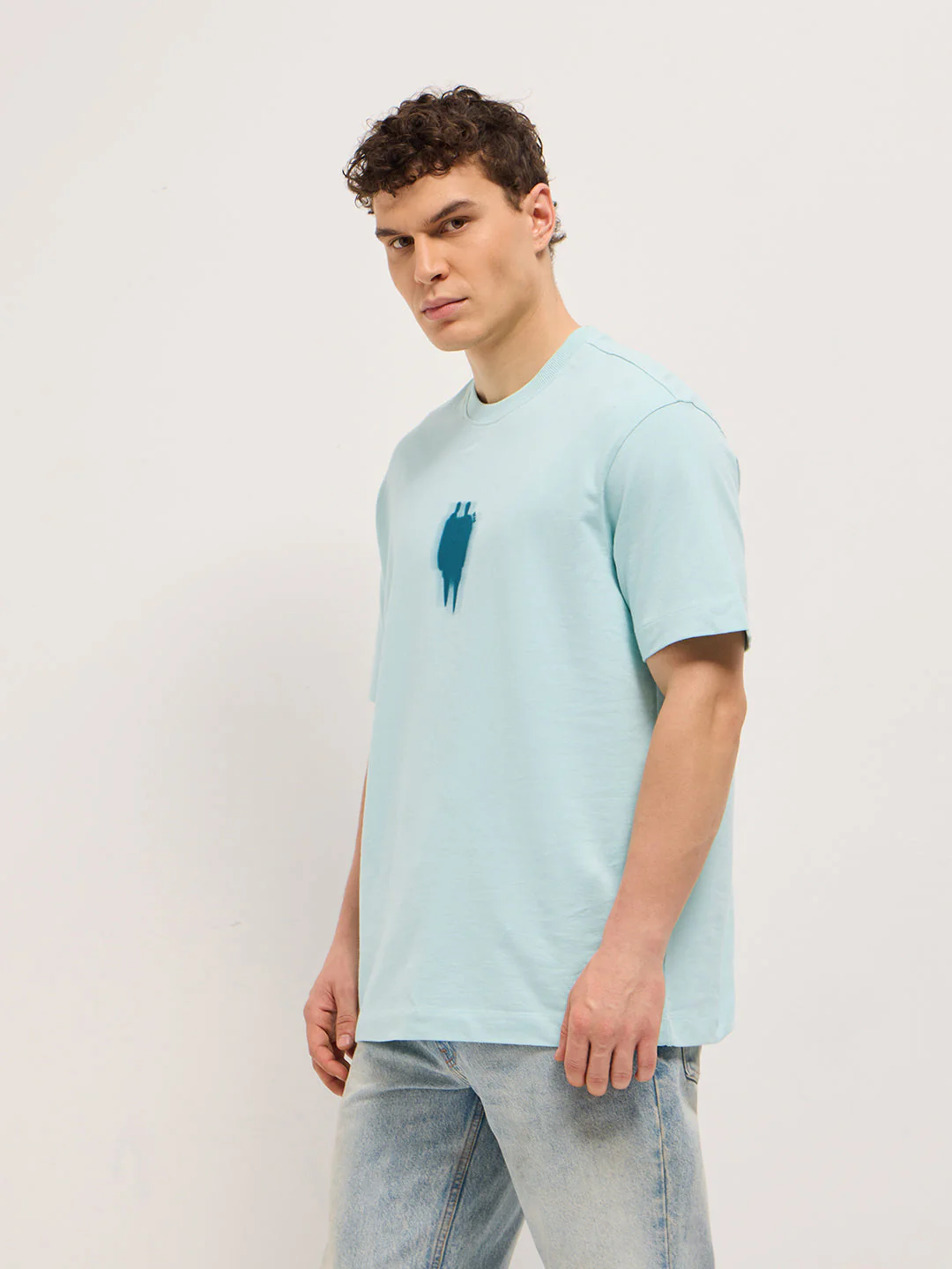 Men Light Aqua Graphic Back Print Oversized Crew Neck T-Shirt - Image 2
