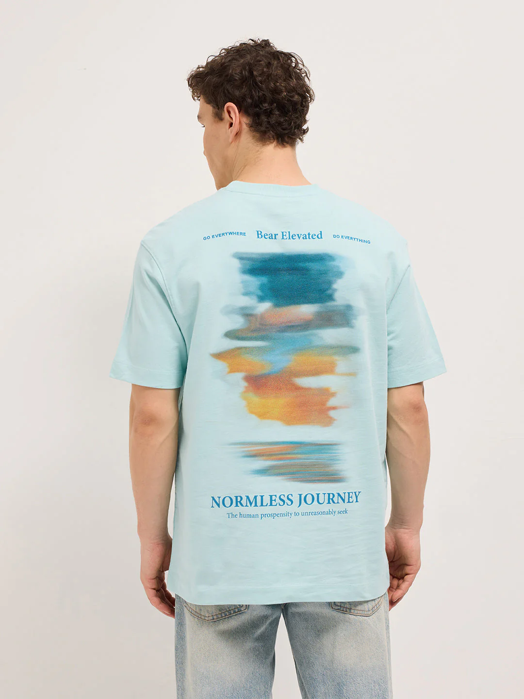 Men Light Aqua Graphic Back Print Oversized Crew Neck T-Shirt - Image 3