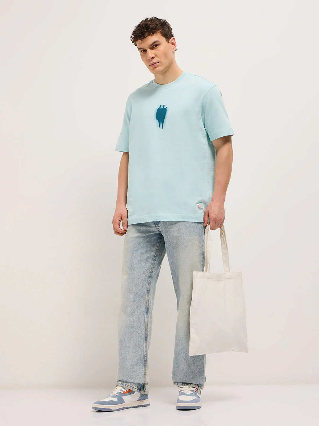 Men Light Aqua Graphic Back Print Oversized Crew Neck T-Shirt - Image 4