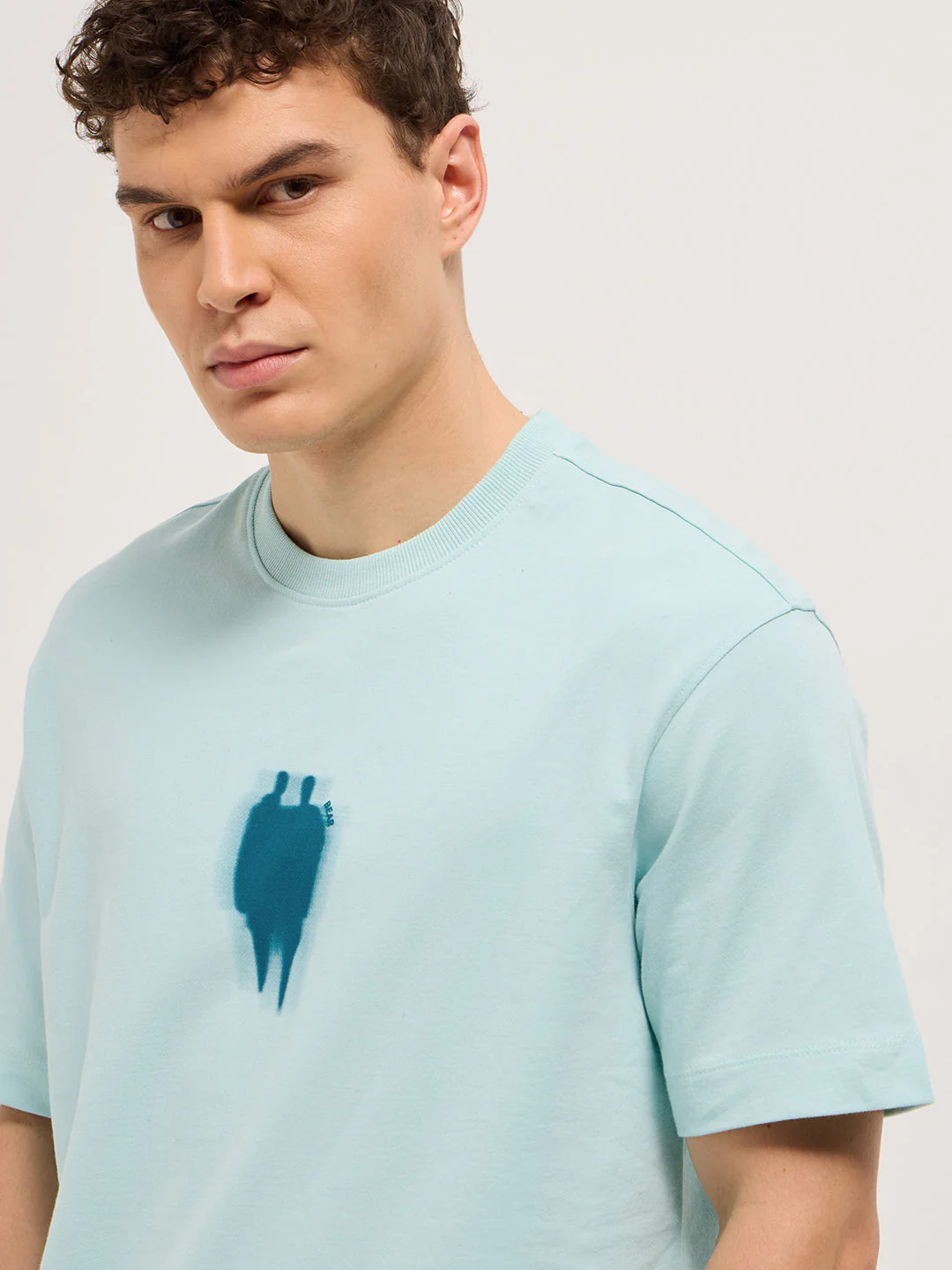 Men Light Aqua Graphic Back Print Oversized Crew Neck T-Shirt - Image 5