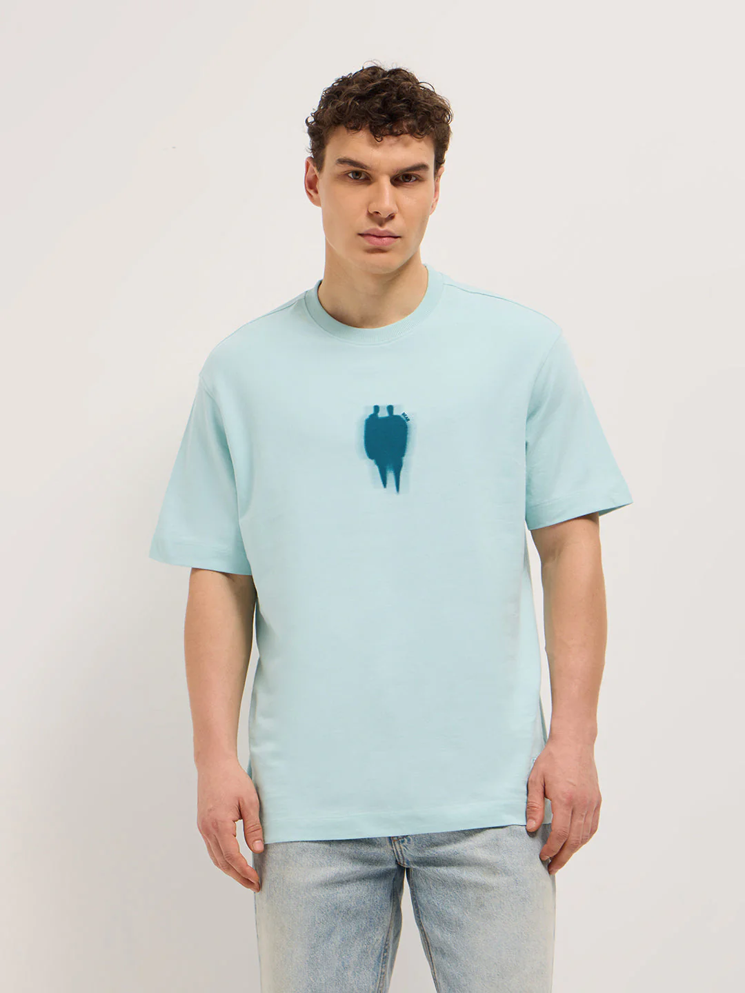 Men Light Aqua Graphic Back Print Oversized Crew Neck T-Shirt - Image 6