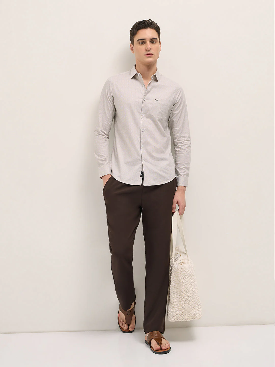 Men Light Beige Geometric Printed Tailored Fit Formal Shirt - Image 4