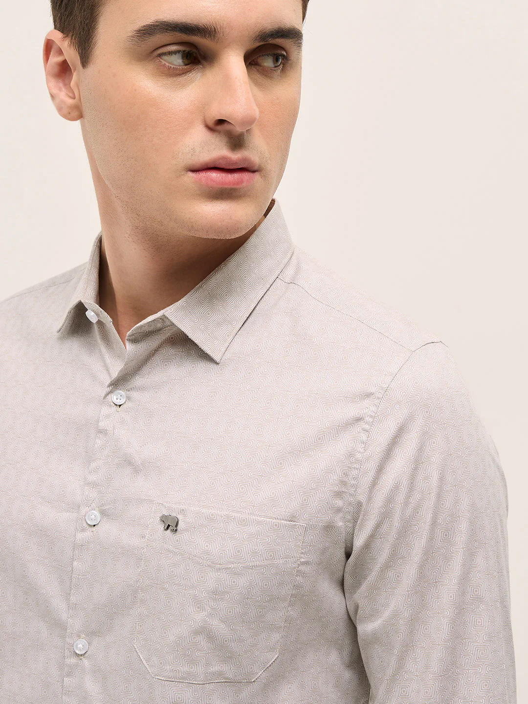 Men Light Beige Geometric Printed Tailored Fit Formal Shirt - Image 5