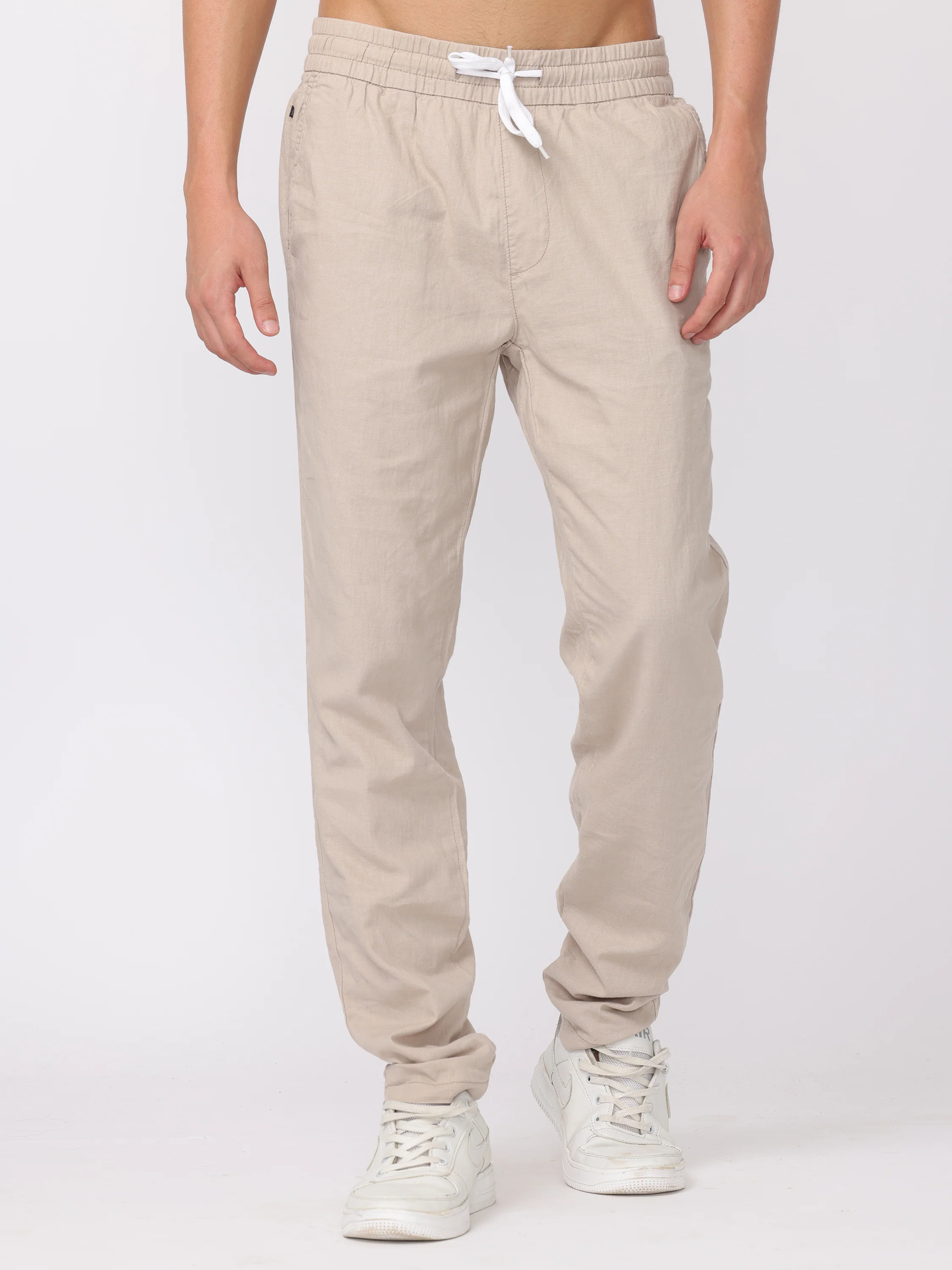 Men Light Beige Regular Fit Linen Blend Pants - Image 3