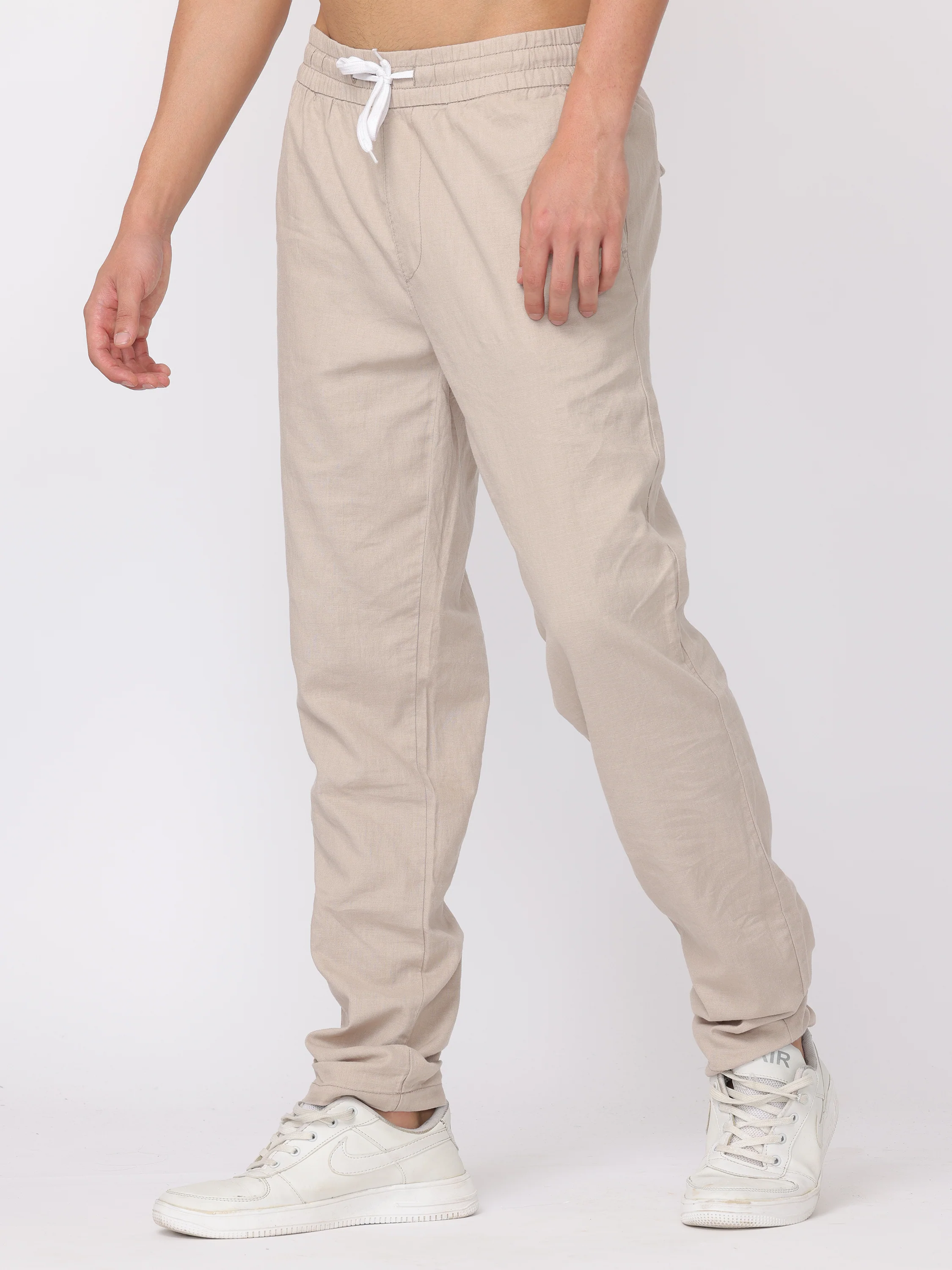 Men Light Beige Regular Fit Linen Blend Pants - Image 4