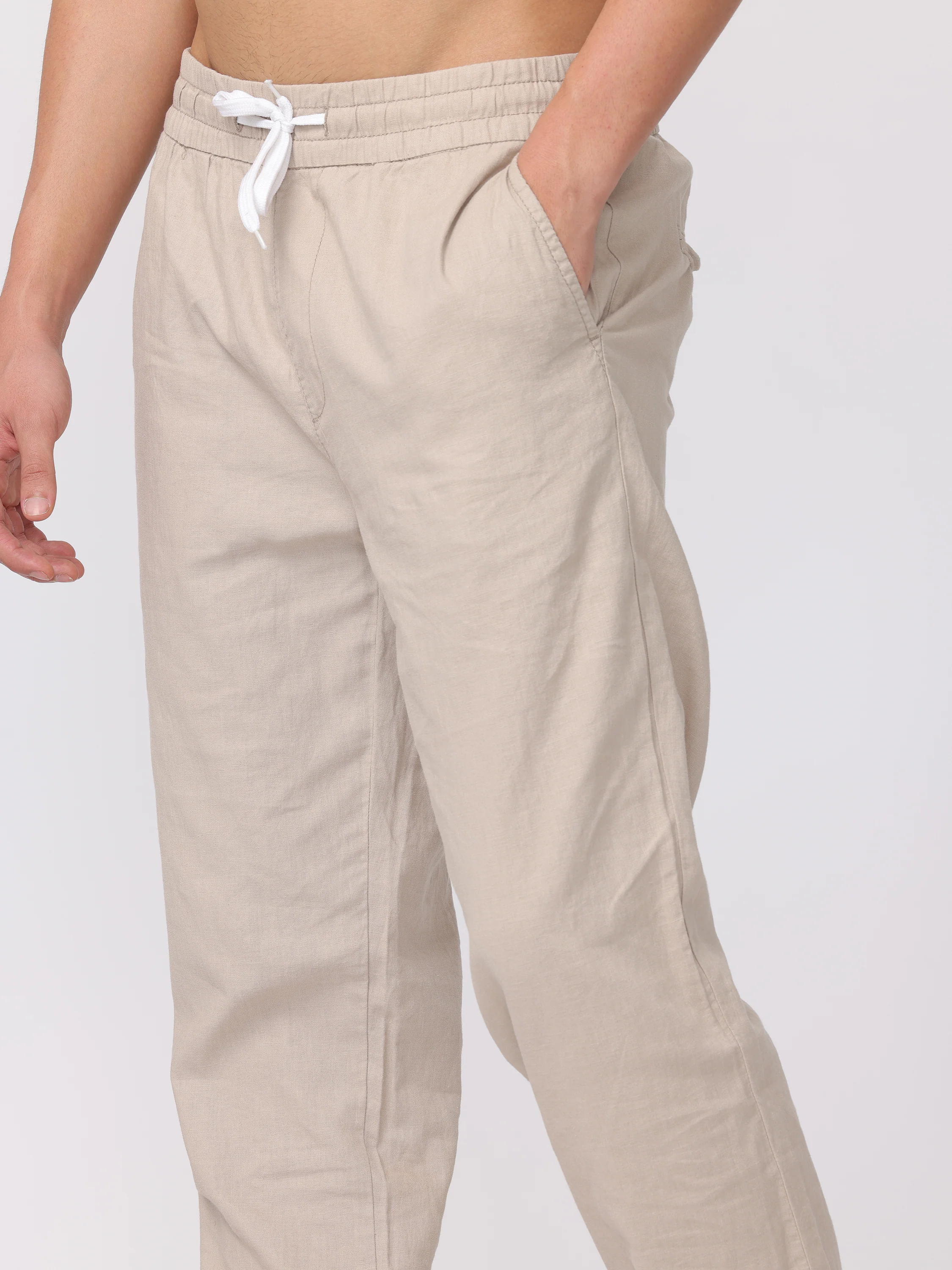 Men Light Beige Regular Fit Linen Blend Pants - Image 6
