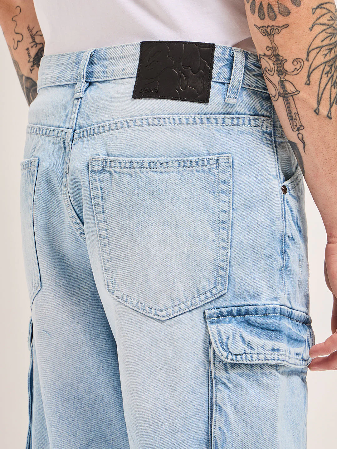 Men Light Blue Baggy Fit Denim Cargo Shorts - Image 6