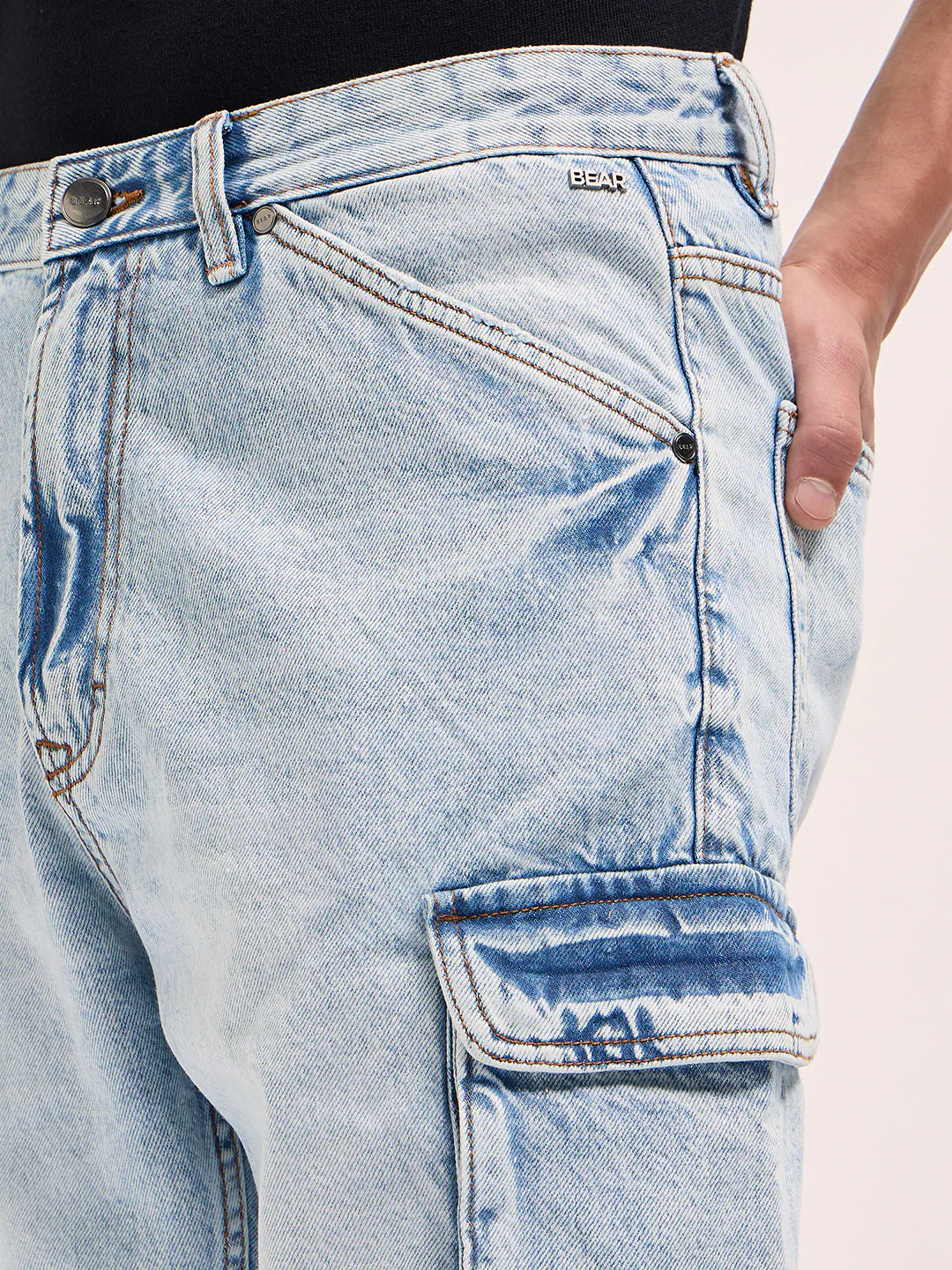 Men Light Blue Baggy Fit Denim Cargo Shorts - Image 5