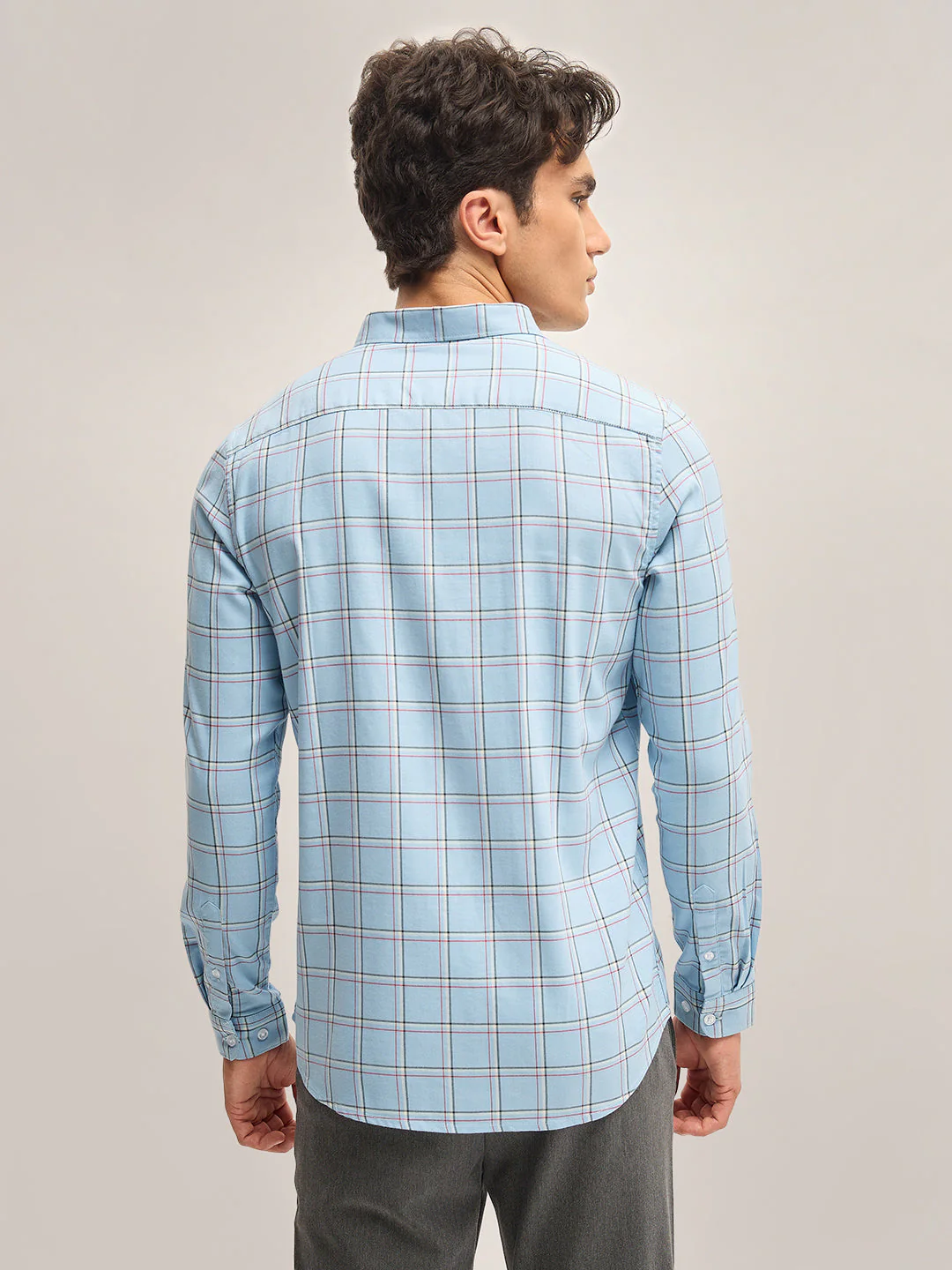 Men Light Blue Checked Slim Fit Casual Shirt - Image 2