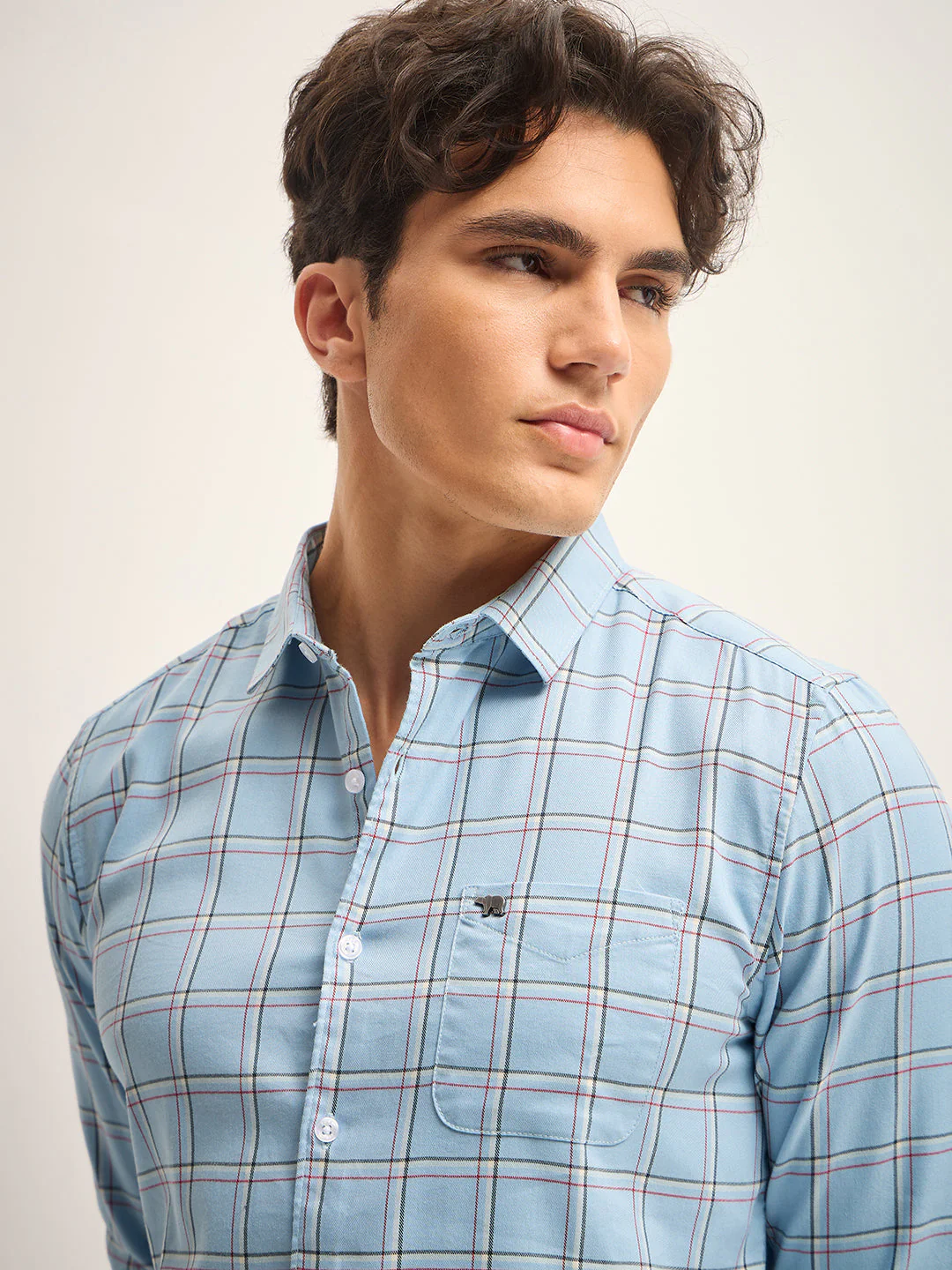 Men Light Blue Checked Slim Fit Casual Shirt - Image 5