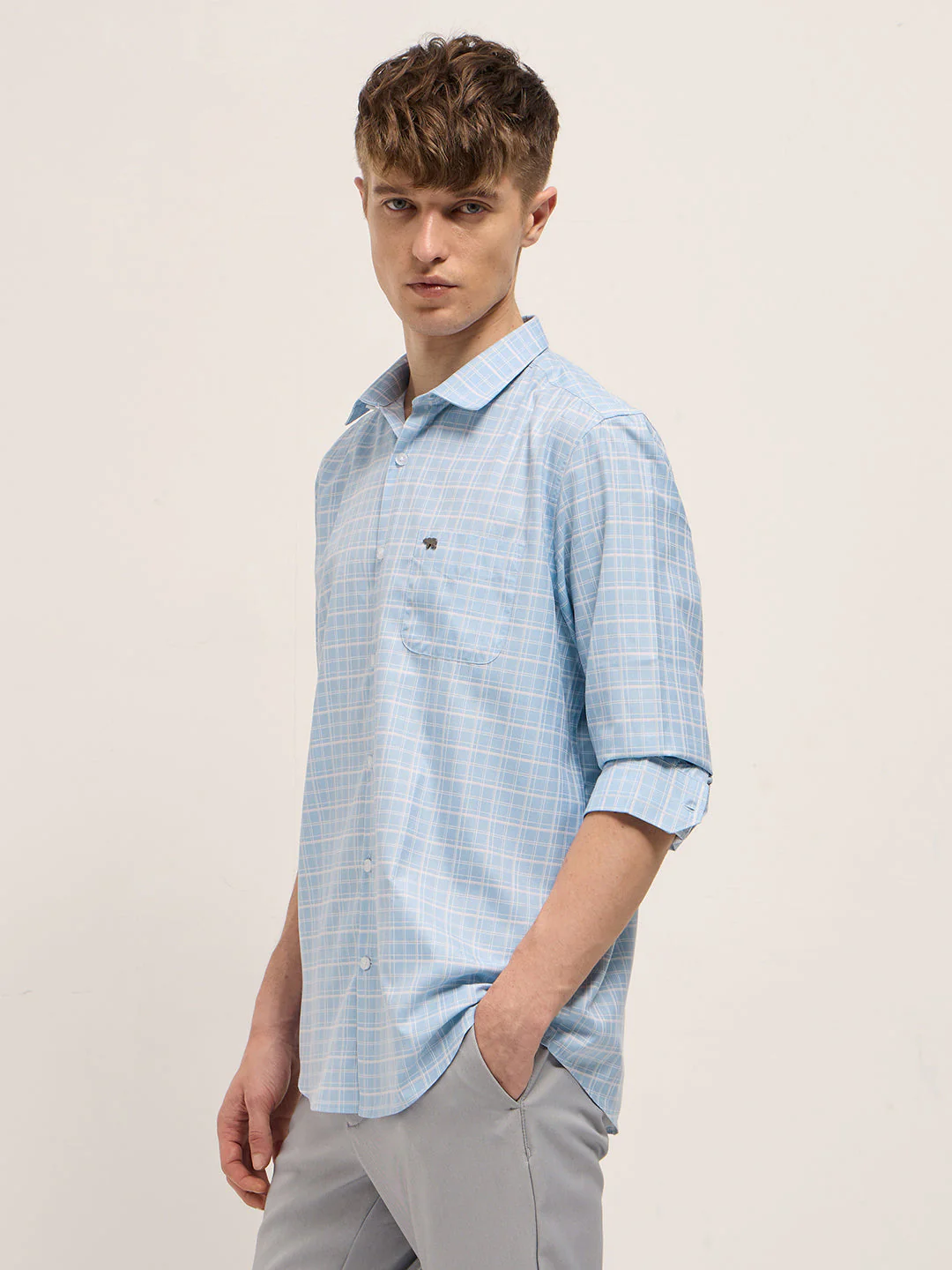 Men Light Blue Checked Tailored Fit Formal Shirt. - Image 3