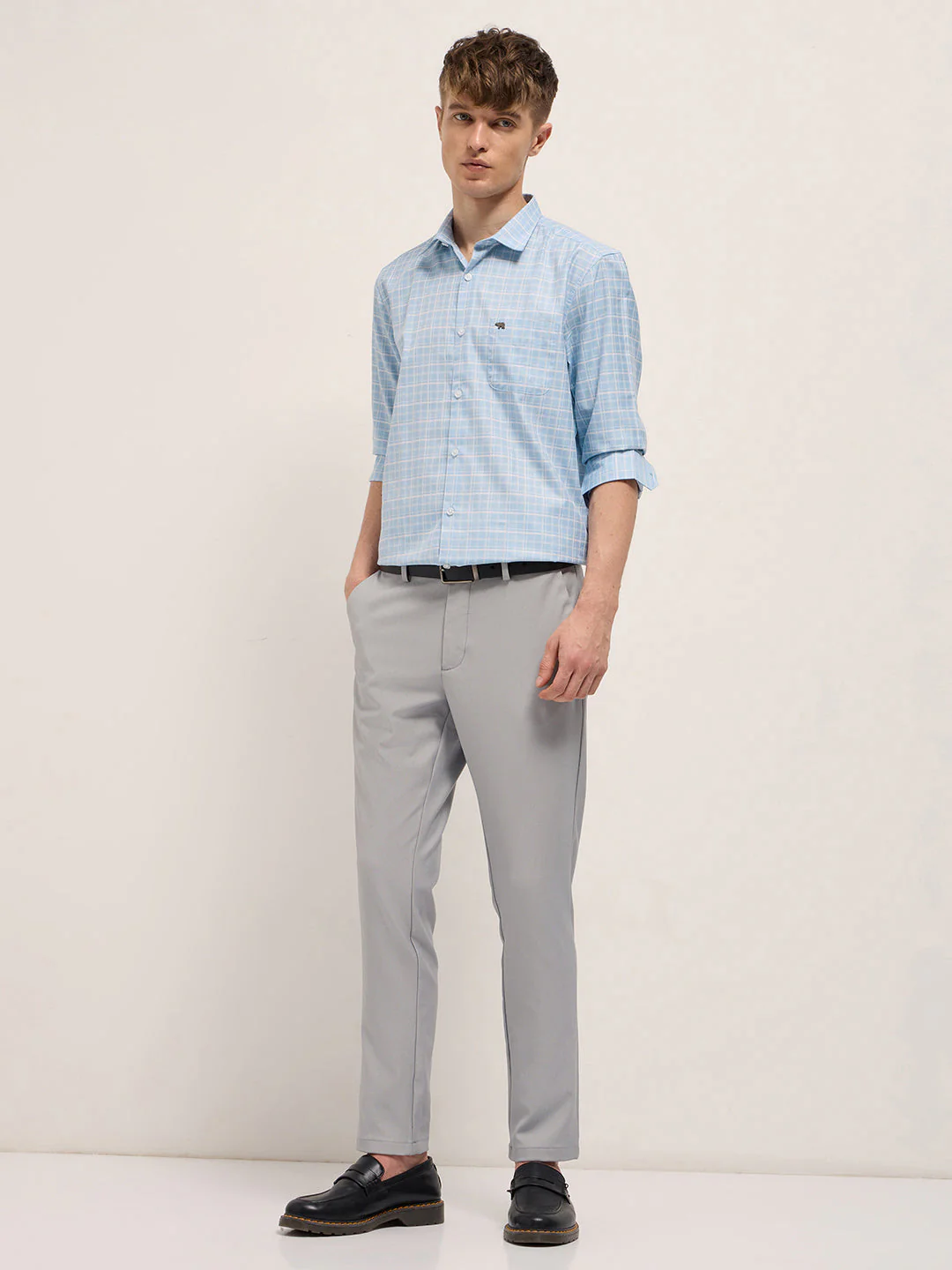 Men Light Blue Checked Tailored Fit Formal Shirt. - Image 4