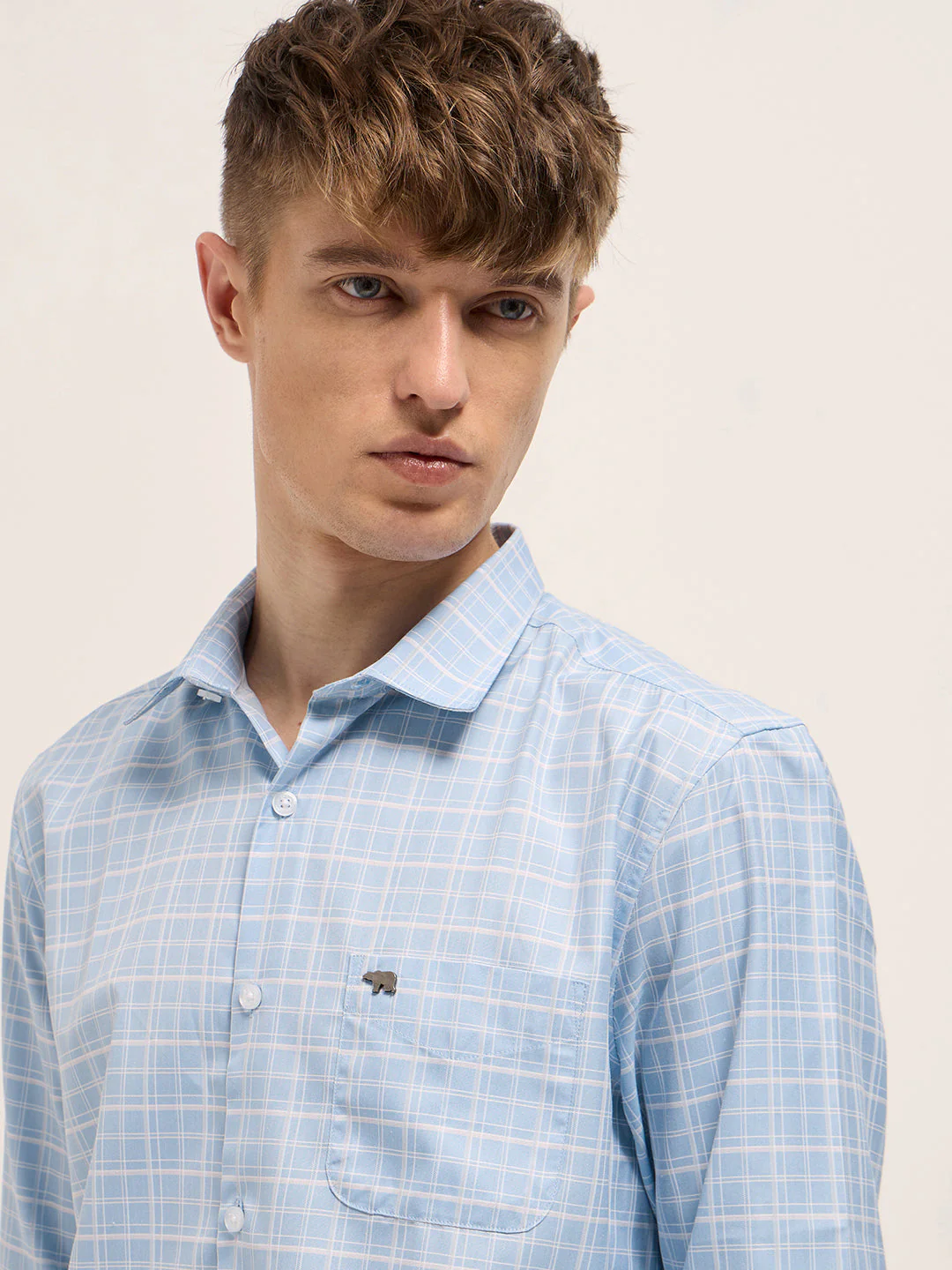 Men Light Blue Checked Tailored Fit Formal Shirt. - Image 5