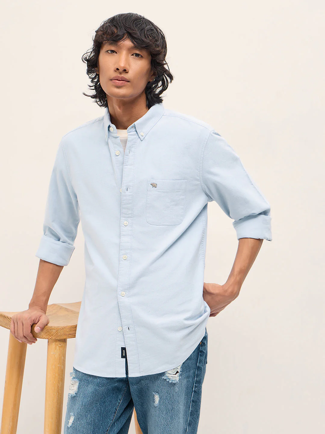 Men Light Blue Cotton Solid Slim Fit Casual Shirt