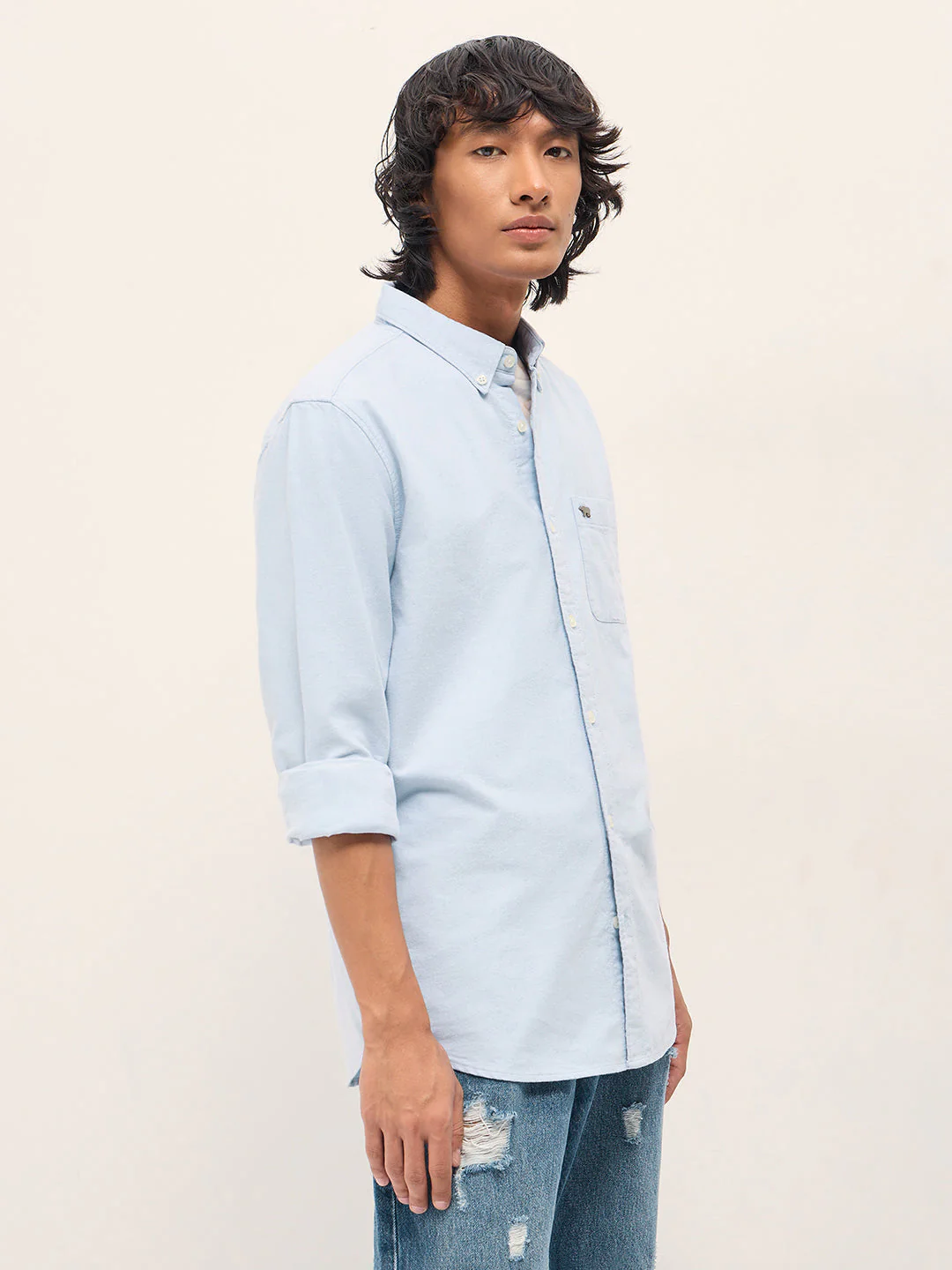 Men Light Blue Cotton Solid Slim Fit Casual Shirt - Image 3
