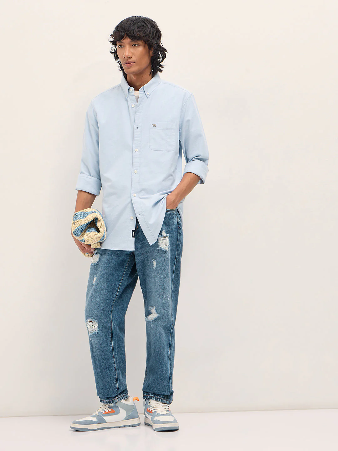 Men Light Blue Cotton Solid Slim Fit Casual Shirt - Image 4
