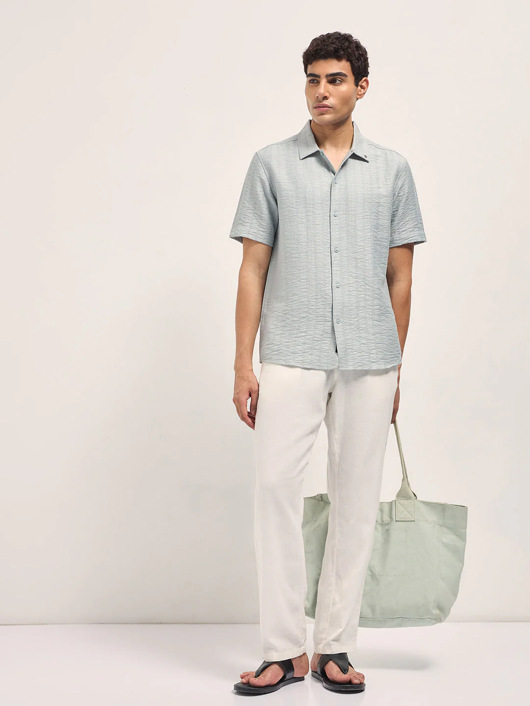 Men Light Blue Crinkled Textured Regular Fit Half-Sleeve Casual Shirt - Image 4