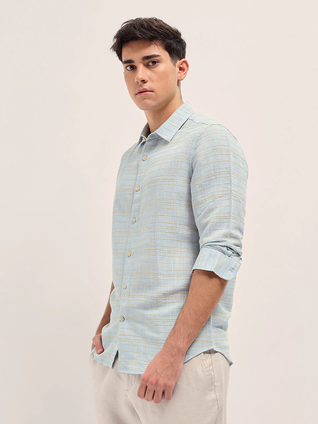 Men Light Blue Horizontal textured grid Slim Fit Casual Shirt - Image 3