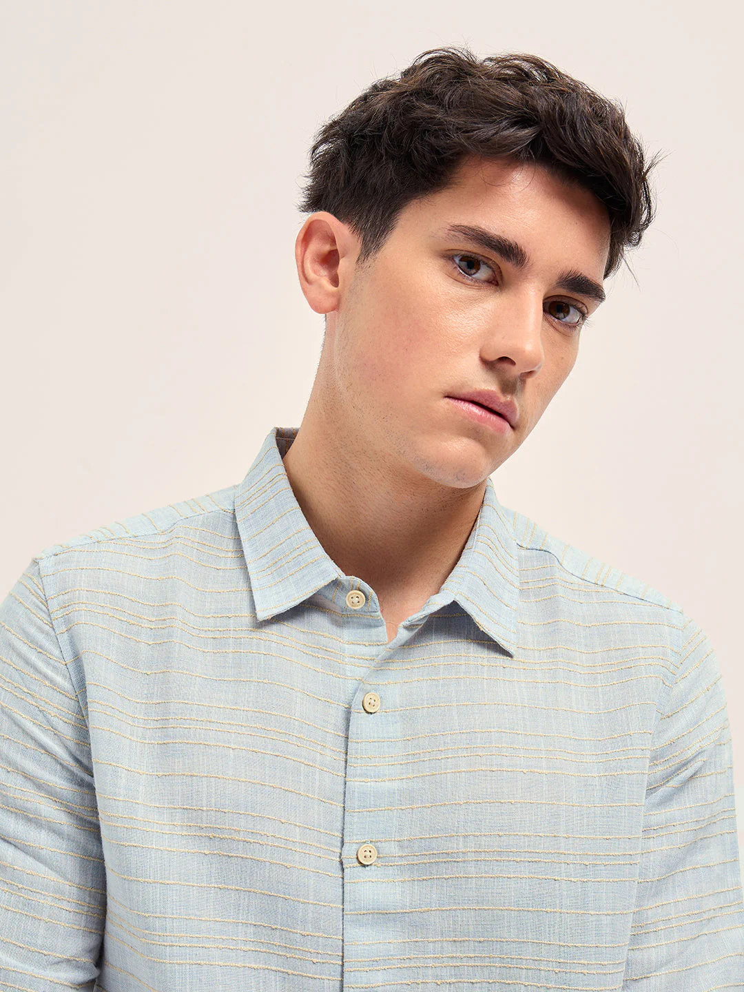 Men Light Blue Horizontal textured grid Slim Fit Casual Shirt - Image 5