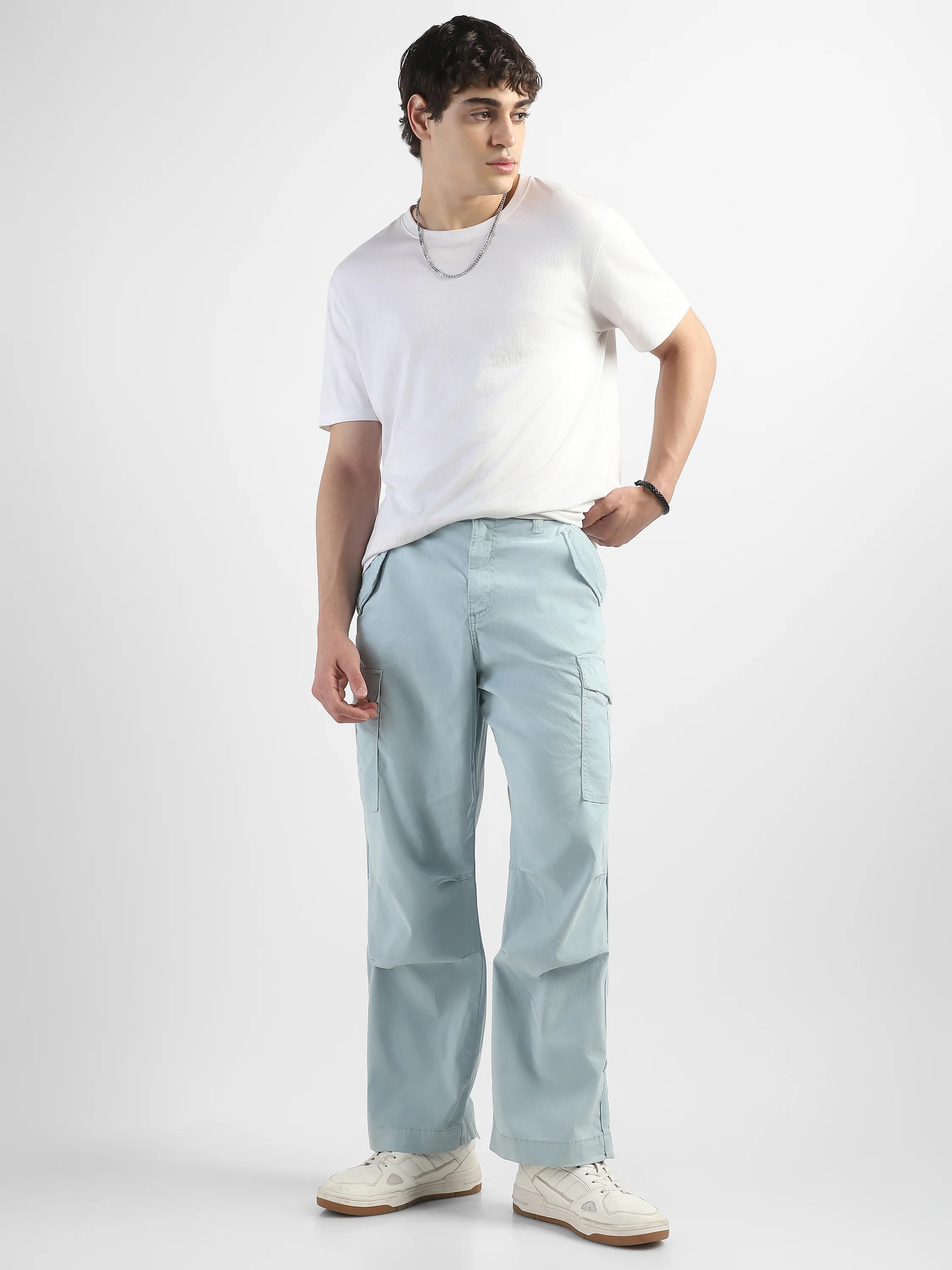 Men Light Blue Mid Rise Comfort Fit Cargo with 6 pockets - Image 2