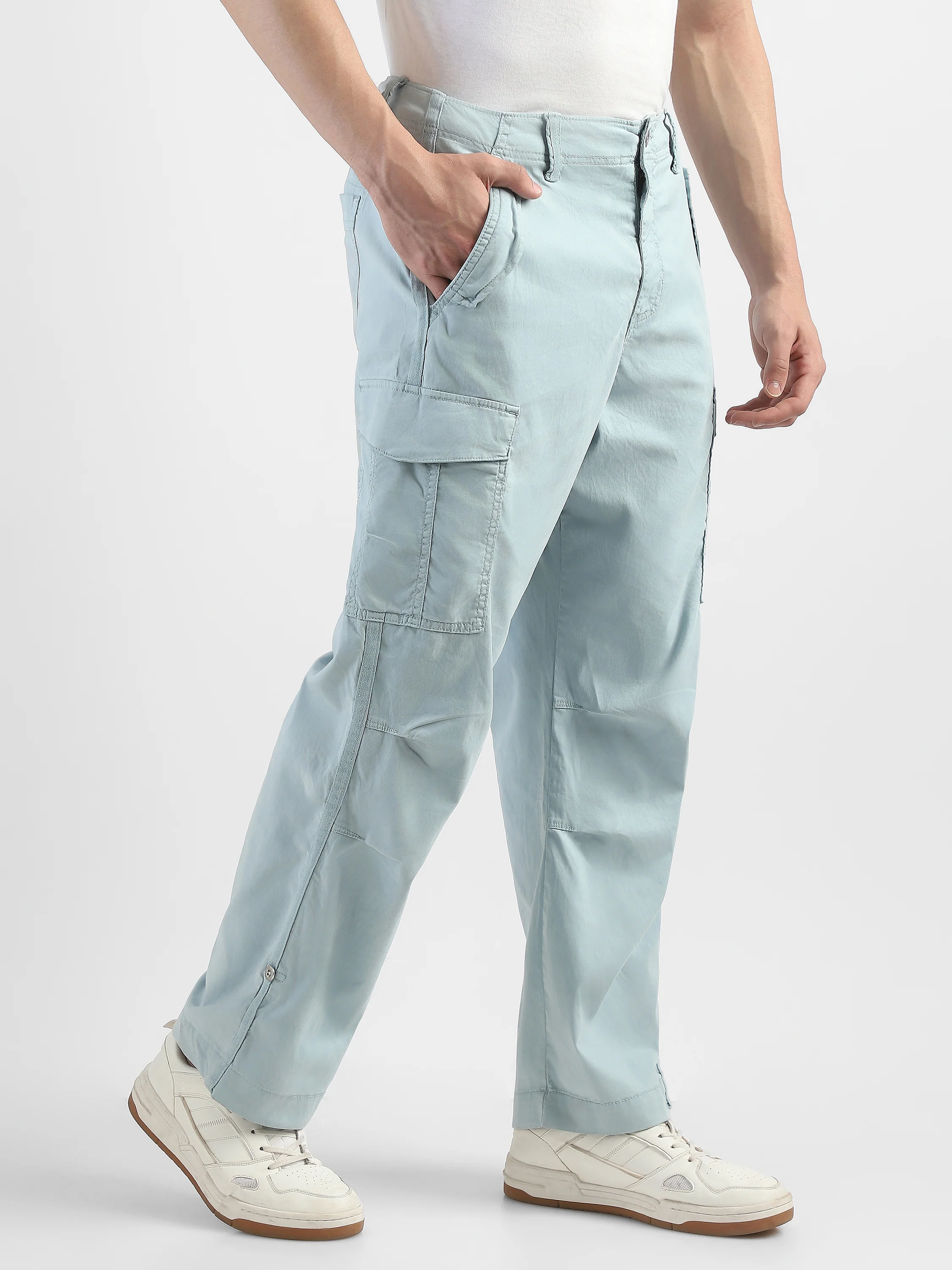 Men Light Blue Mid Rise Comfort Fit Cargo with 6 pockets - Image 6
