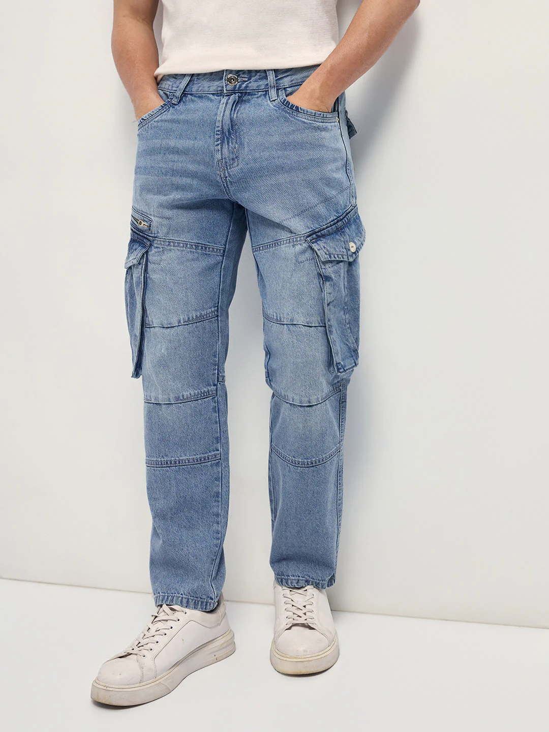 Men Light Blue Mid-Rise Straight Fit Cargo Jeans