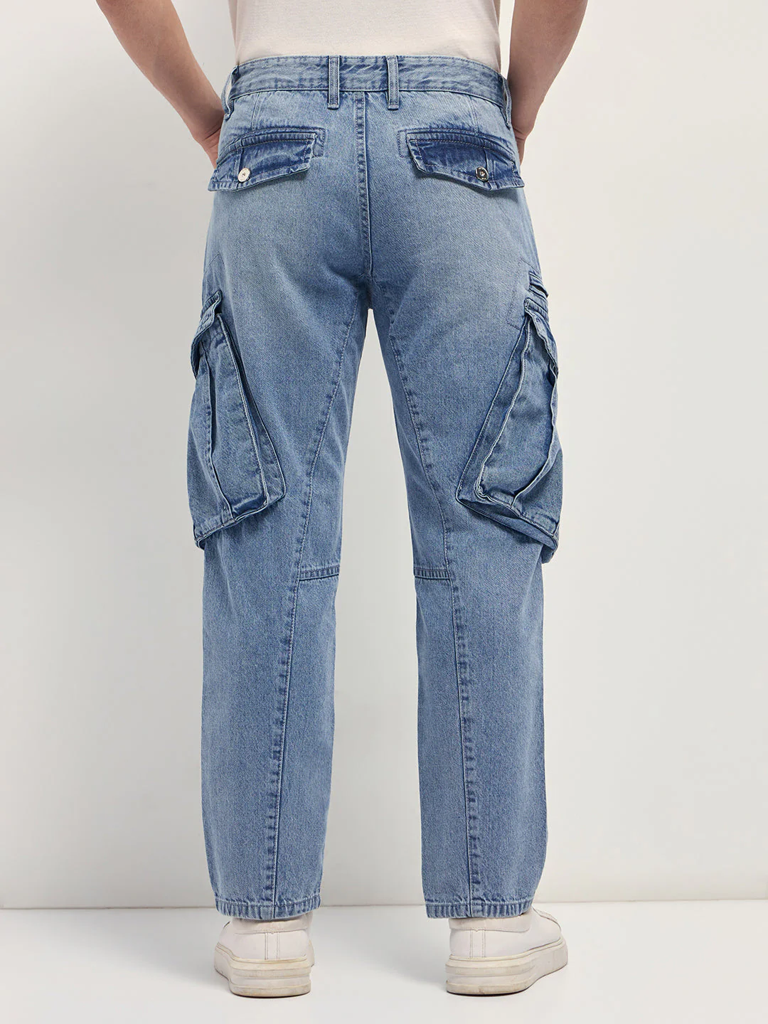 Men Light Blue Mid-Rise Straight Fit Cargo Jeans - Image 2