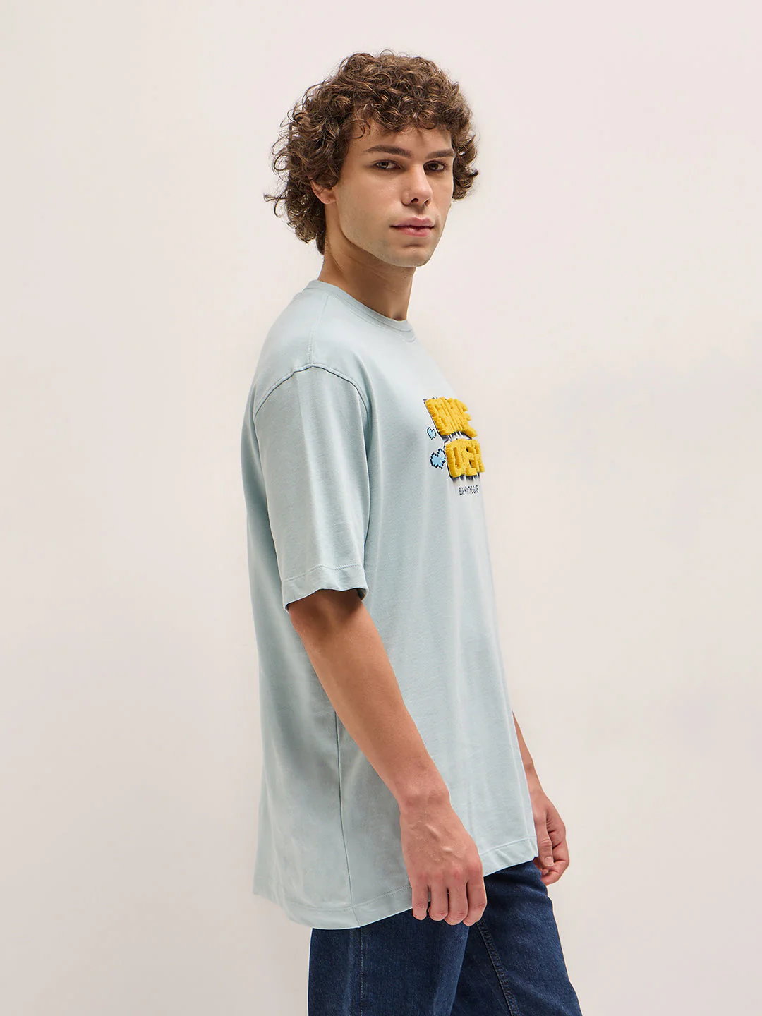 Men Light Blue Oversize "GAME OVER" 3D Crew Neck T-shirt - Image 3