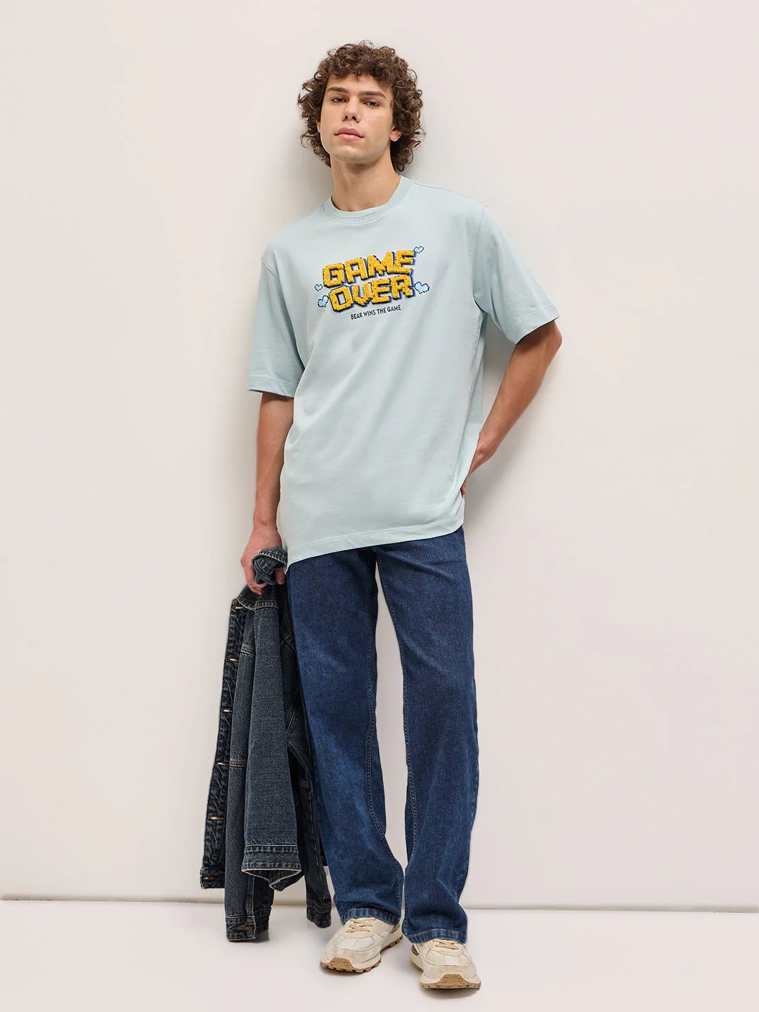 Men Light Blue Oversize "GAME OVER" 3D Crew Neck T-shirt - Image 4