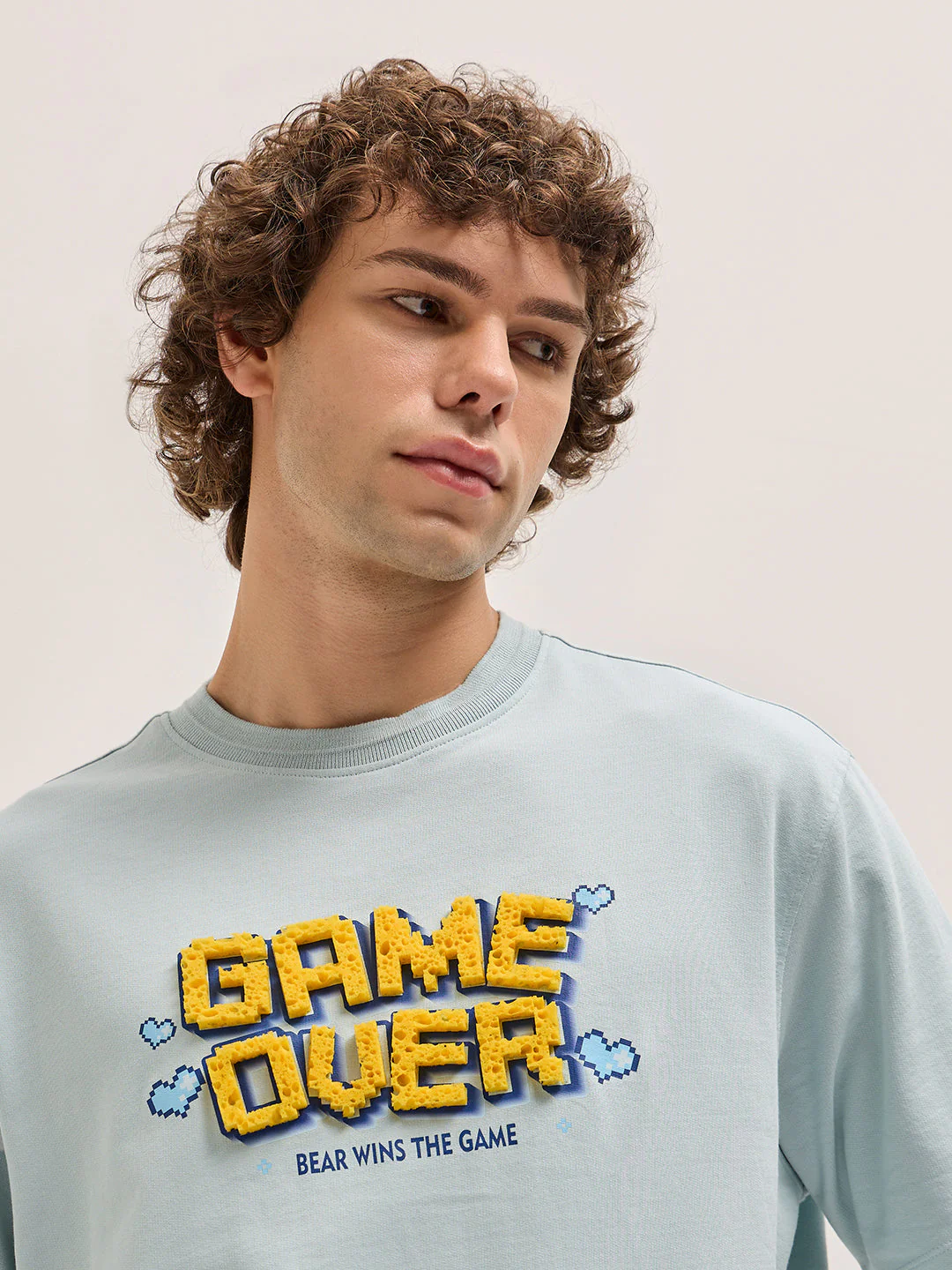 Men Light Blue Oversize "GAME OVER" 3D Crew Neck T-shirt - Image 5