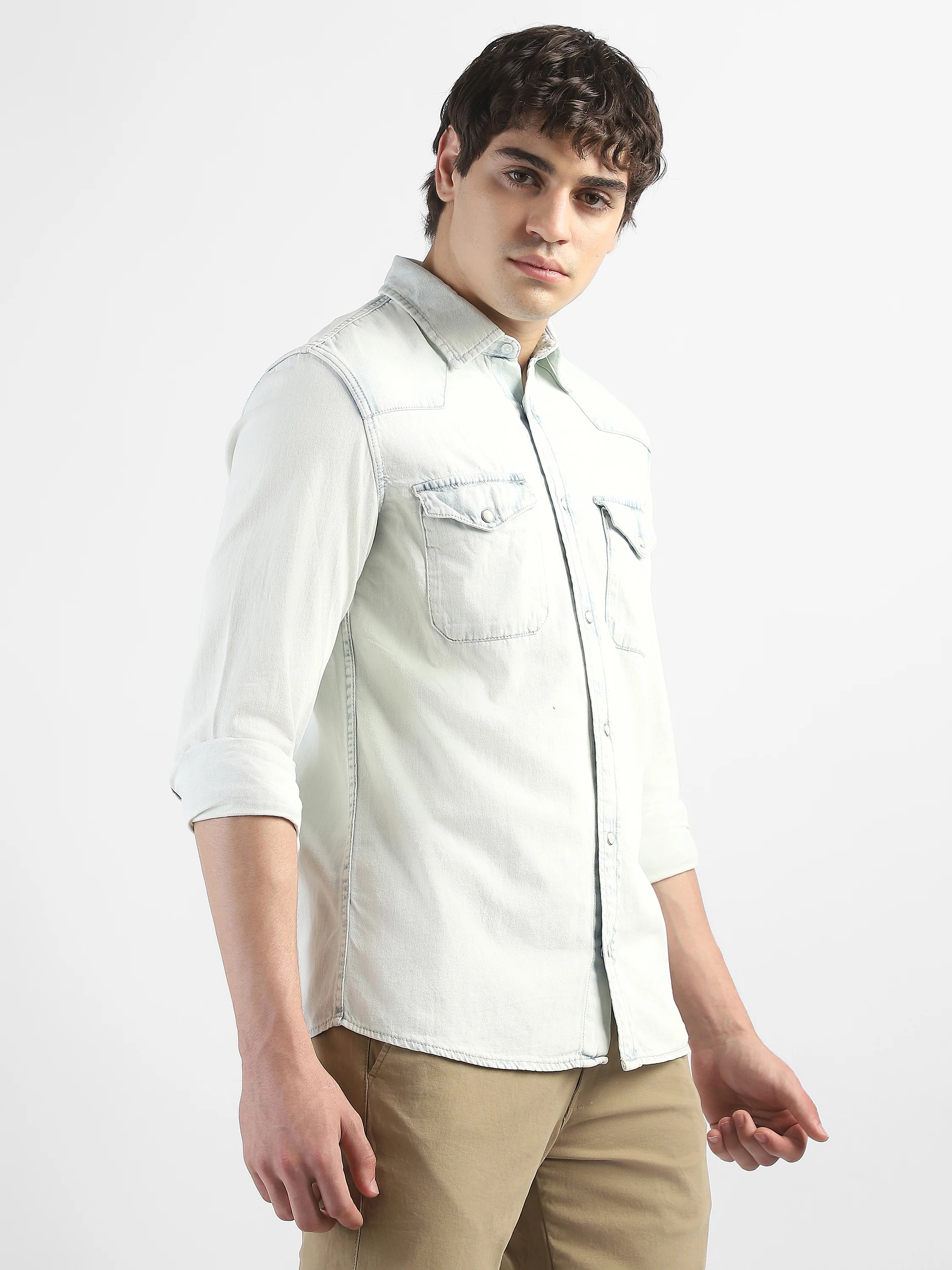 Men Denim Light Blue Shirt with Two Pockets - Image 3