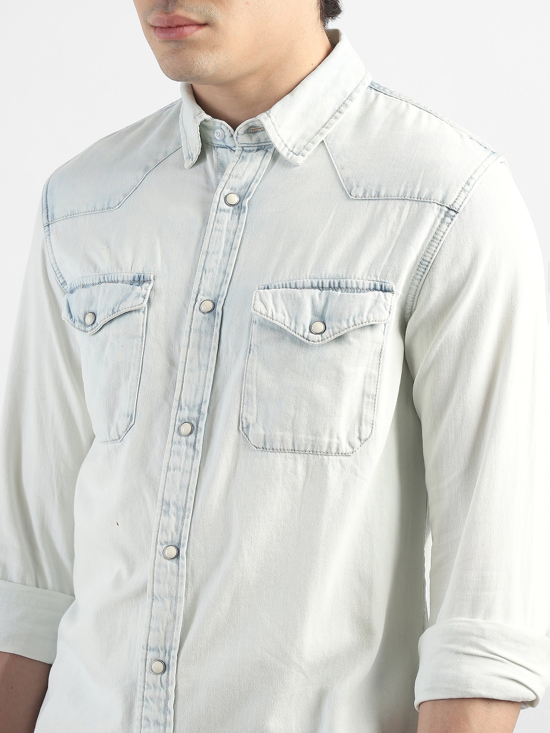 Men Denim Light Blue Shirt with Two Pockets - Image 6