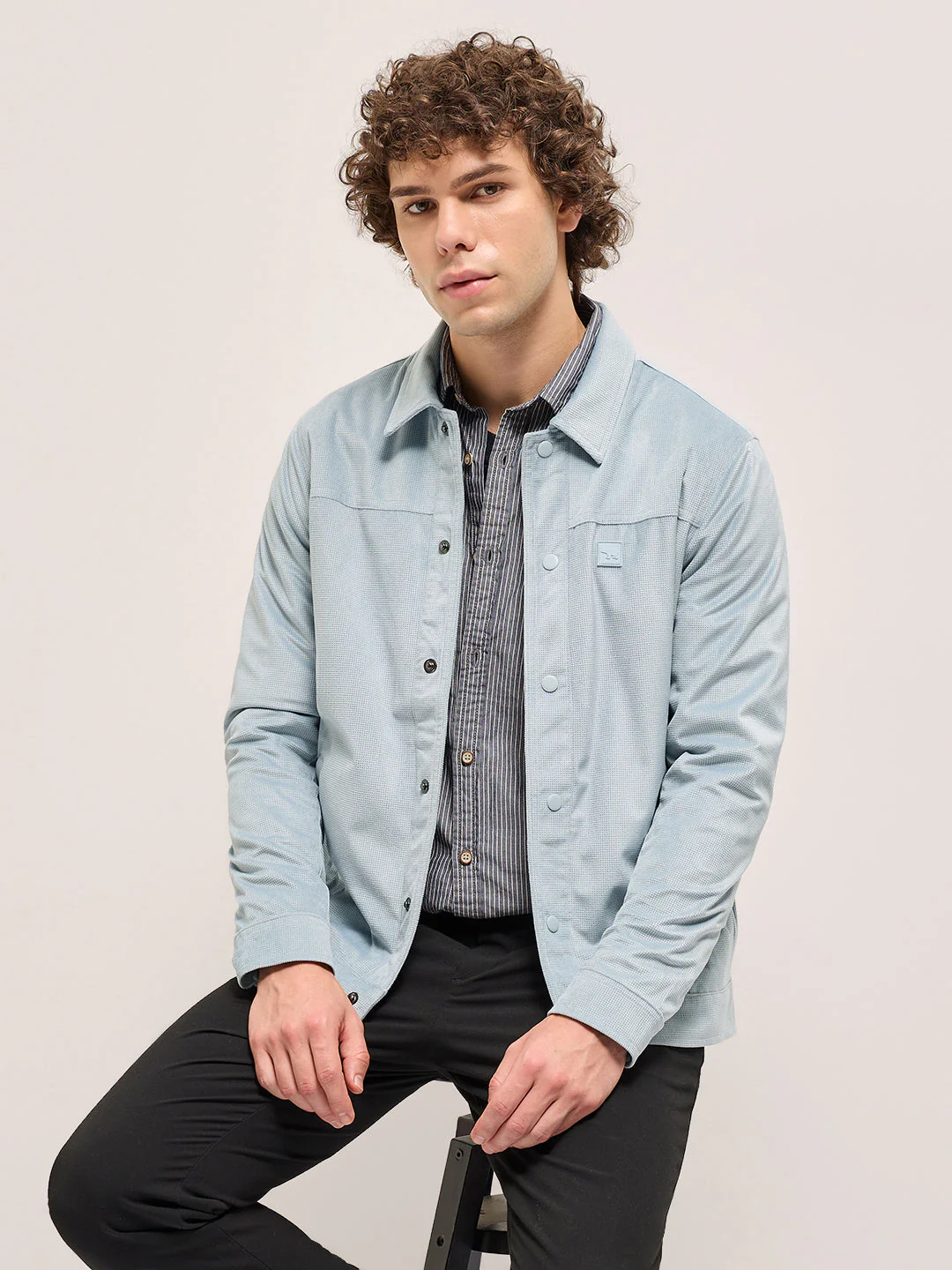 Men Light Blue Regular Fit Snap Button Closure