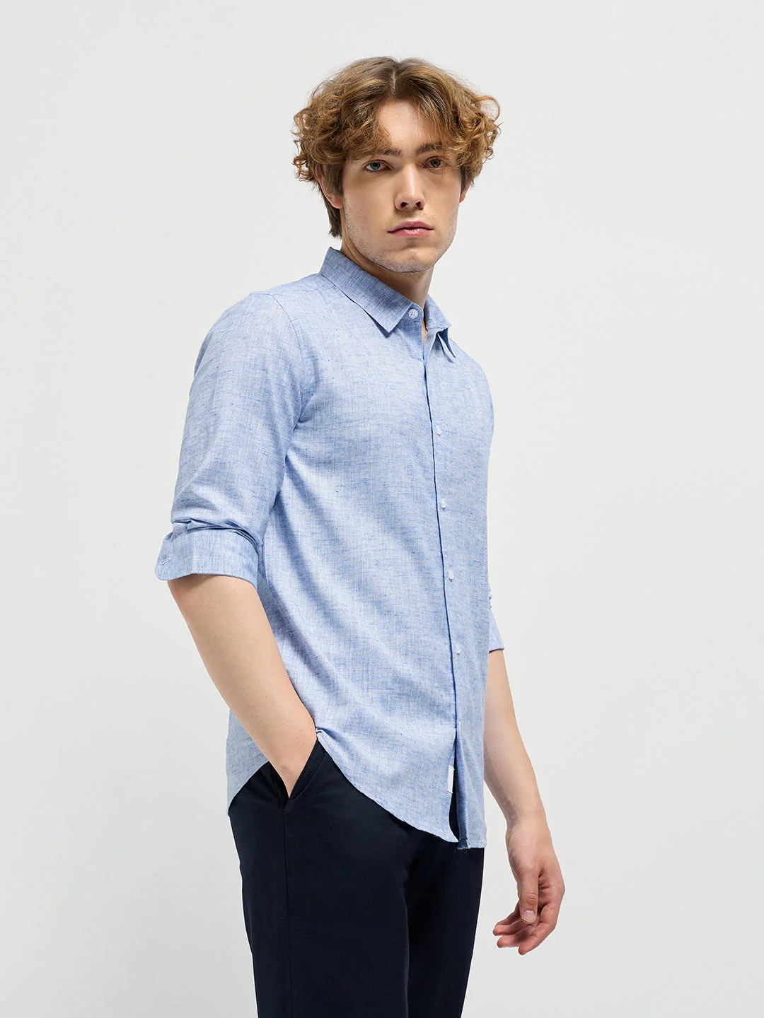 Men Light Blue Self Design Slim Fit Casual Shirt - Image 3