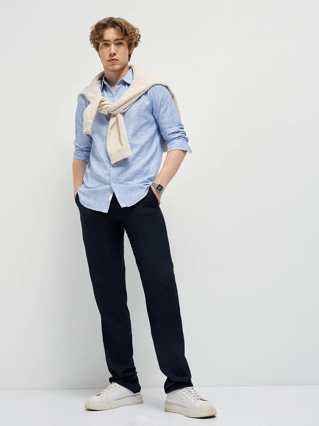 Men Light Blue Self Design Slim Fit Casual Shirt - Image 4