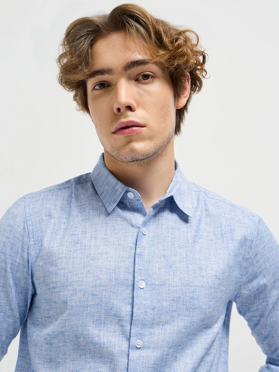 Men Light Blue Self Design Slim Fit Casual Shirt - Image 5
