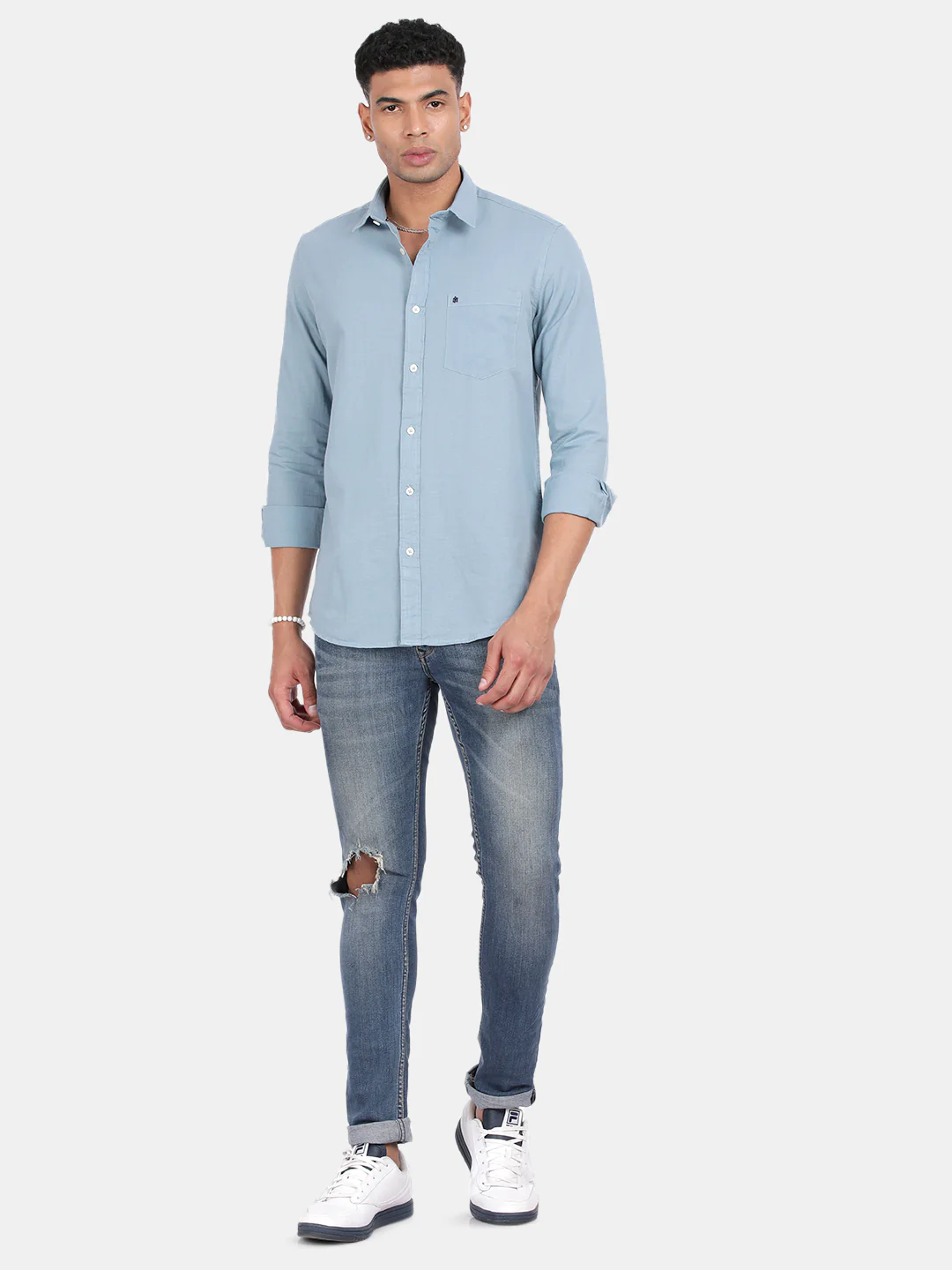 Men Light Blue Slim Fit Spread Collar Full Sleeve Casual Shirt - Image 3