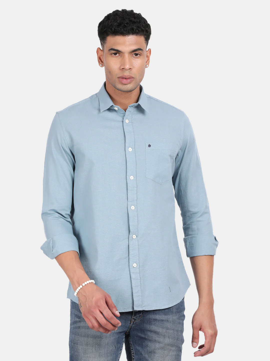 Men Light Blue Slim Fit Spread Collar Full Sleeve Casual Shirt - Image 4