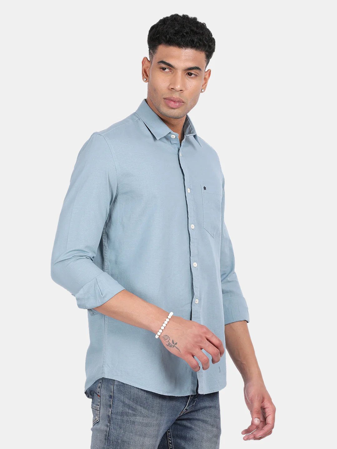 Men Light Blue Slim Fit Spread Collar Full Sleeve Casual Shirt - Image 5