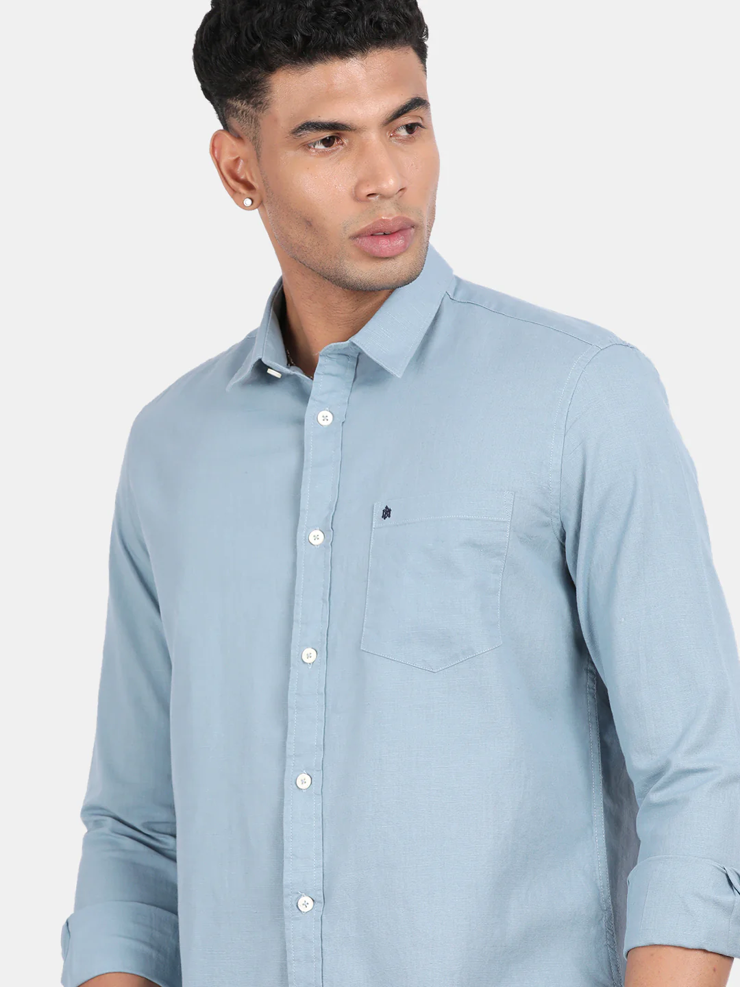 Men Light Blue Slim Fit Spread Collar Full Sleeve Casual Shirt - Image 6