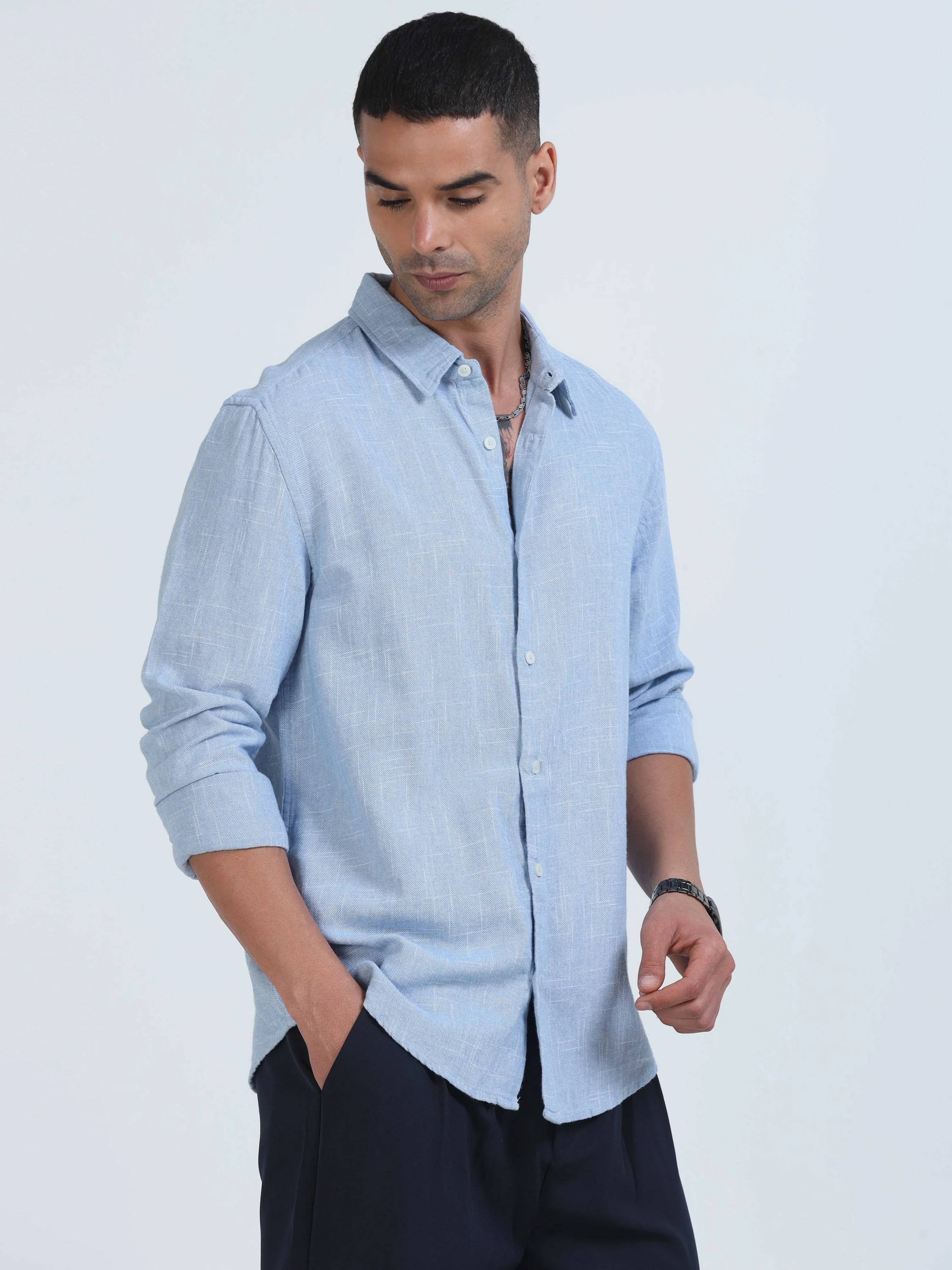 Men Light Blue Slub Textured Shirt - Image 2